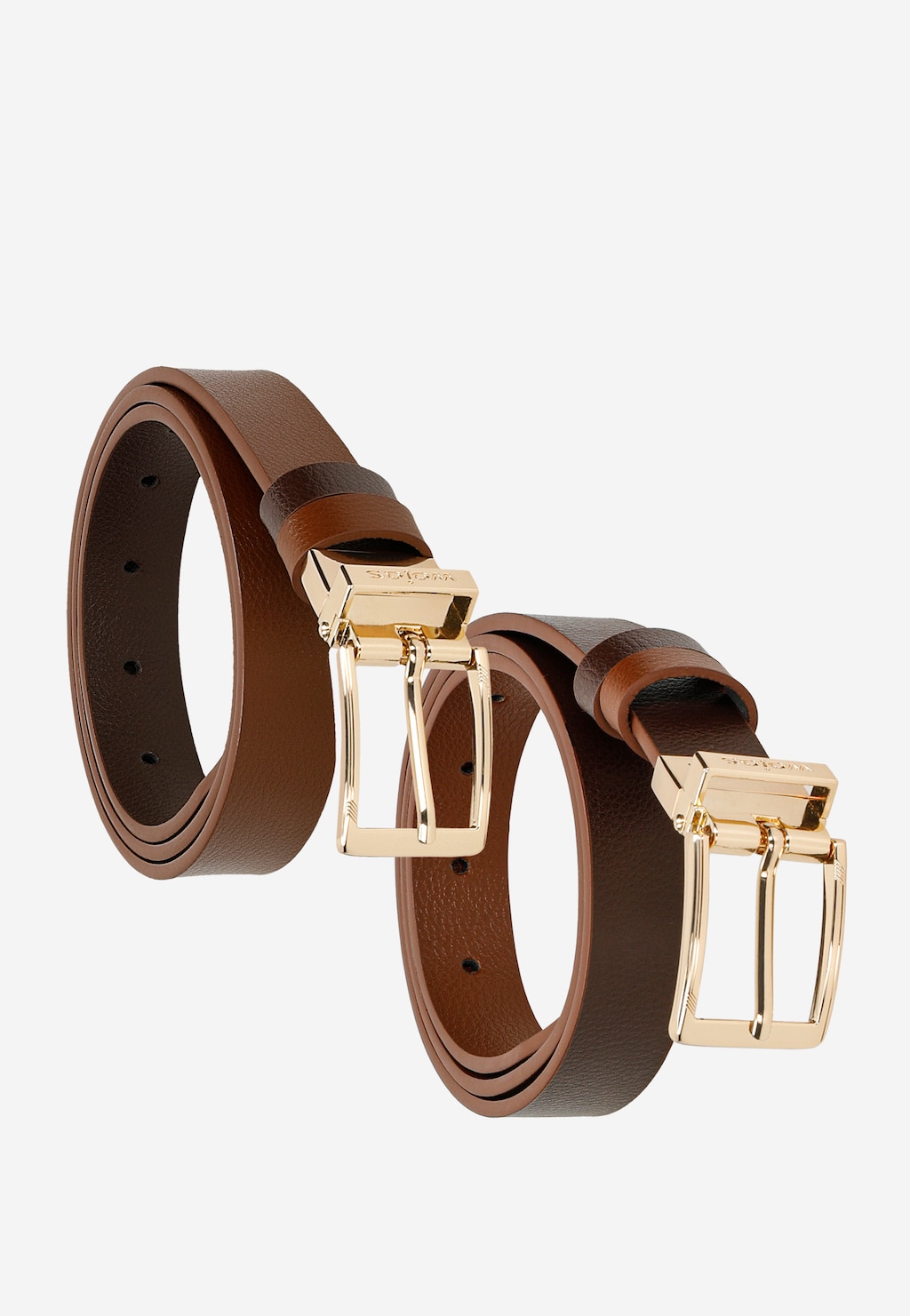 Dwustronny brązowy pasek damski Wojas 93102-52 ze skóry licowej, prezentujący obie strony z eleganckimi złotymi klamrami, idealny dodatek do codziennych stylizacji.