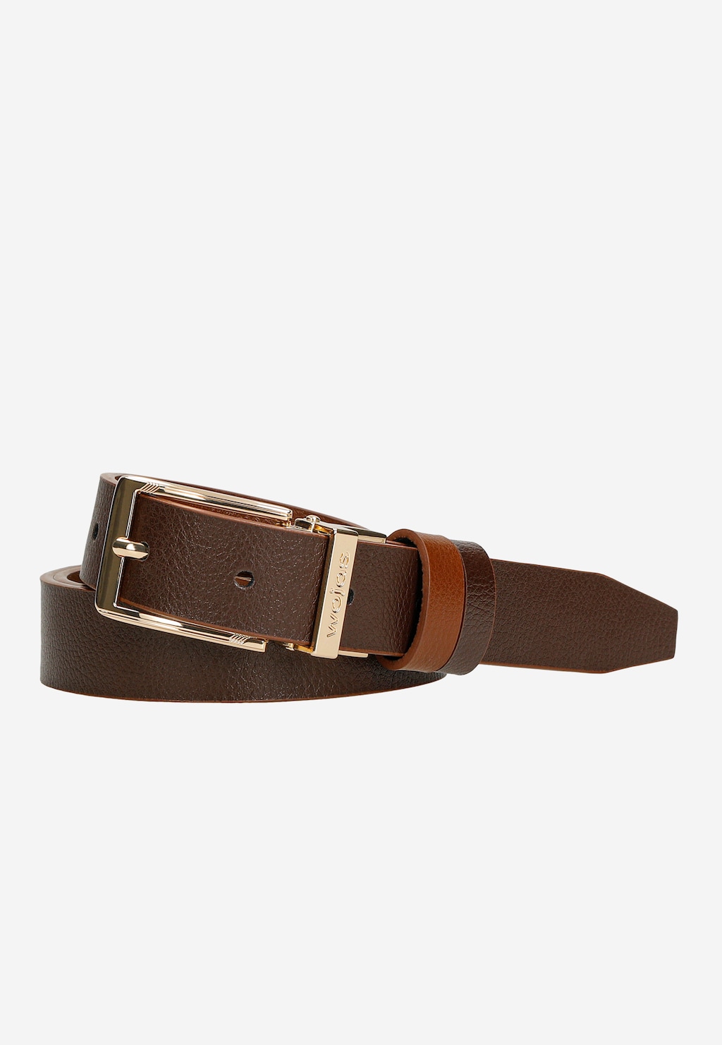 Dwustronny brązowy pasek damski Wojas 93102-52 ze skóry licowej, z elegancką złotą klamrą i logo marki na zapięciu. Wyraźnie widoczna tekstura skóry.