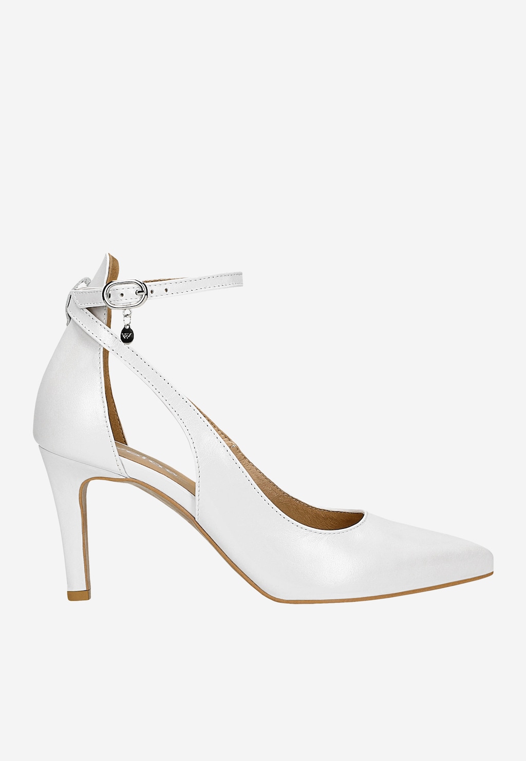 Białe czółenka Wojas model 35018-59 ze skóry licowej na eleganckim obcasie z cienkim paskiem wokół kostki i zapinaną klamrą, ozdobione małym logo marki.