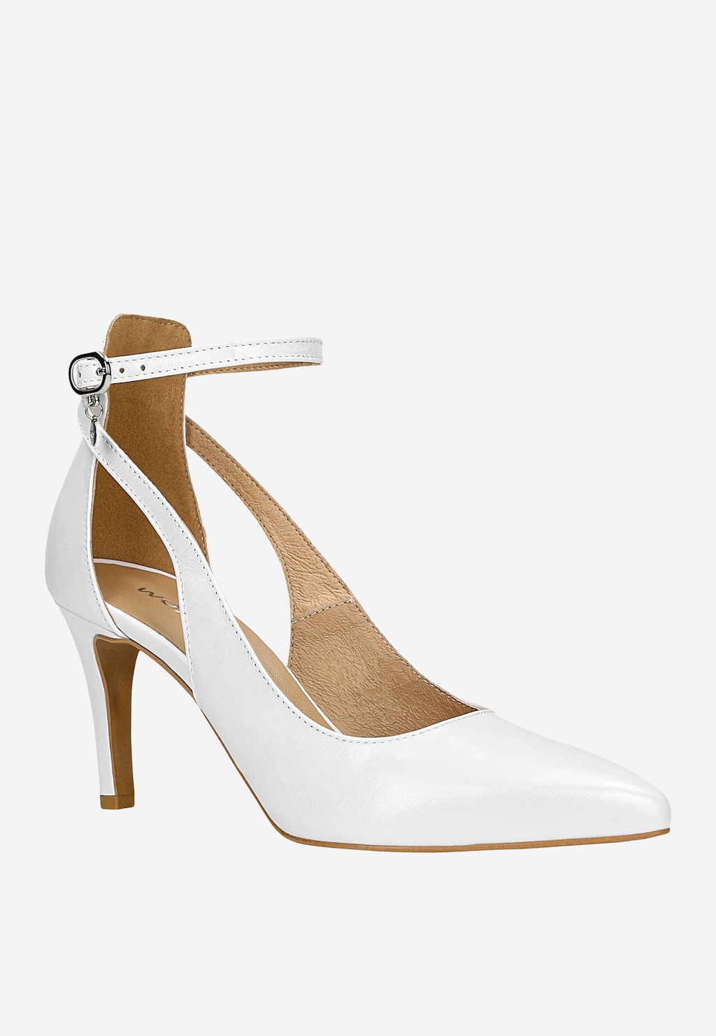 Białe czółenka Wojas 35018-59 ze skóry licowej na smukłym obcasie z eleganckim paskiem wokół kostki i metalową klamrą, widok z boku.
