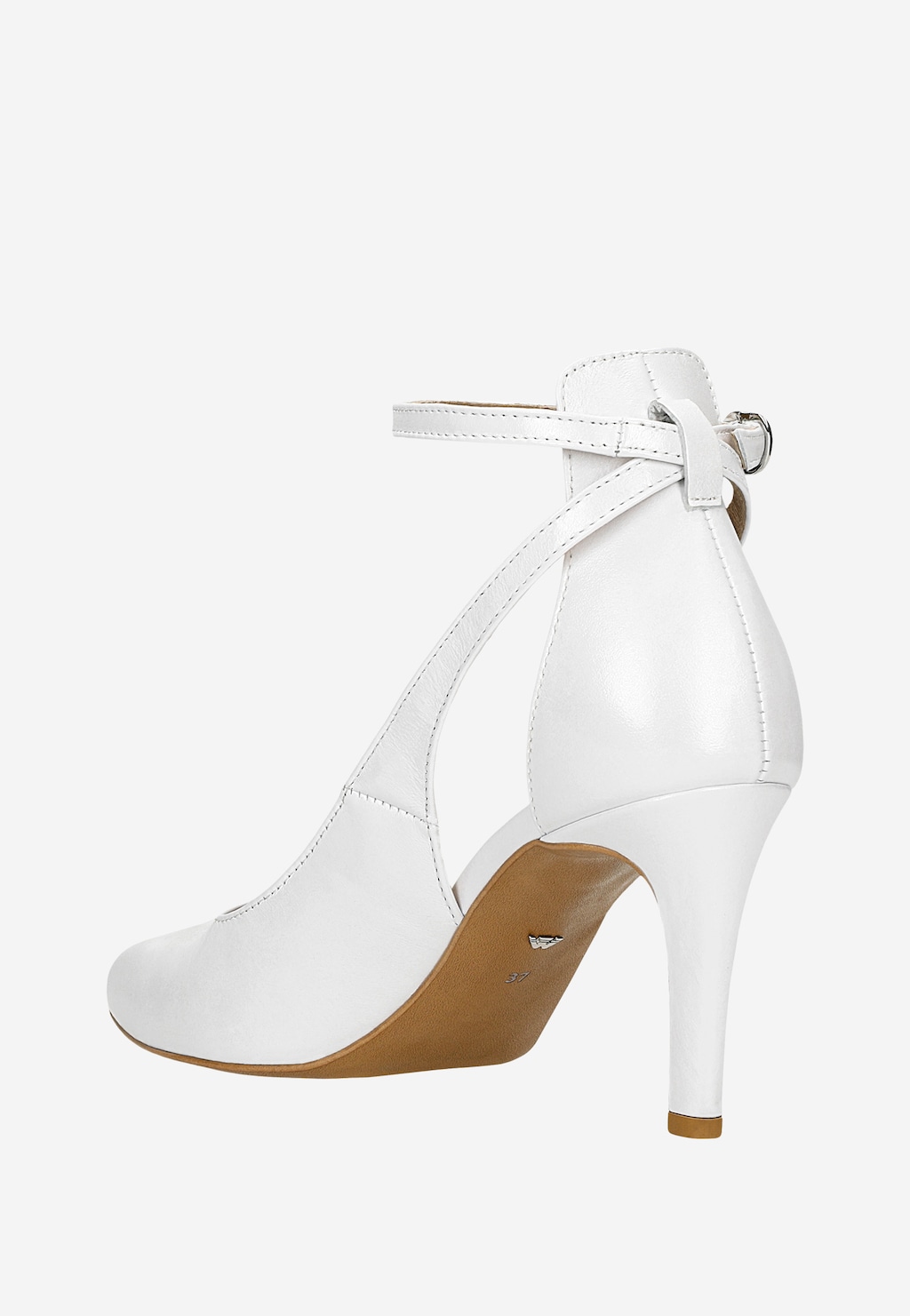 Białe czółenka Wojas model 35018-59 ze skóry licowej z eleganckim paskiem na kostce, widok z boku ukazujący smukły obcas i brązową podeszwę.