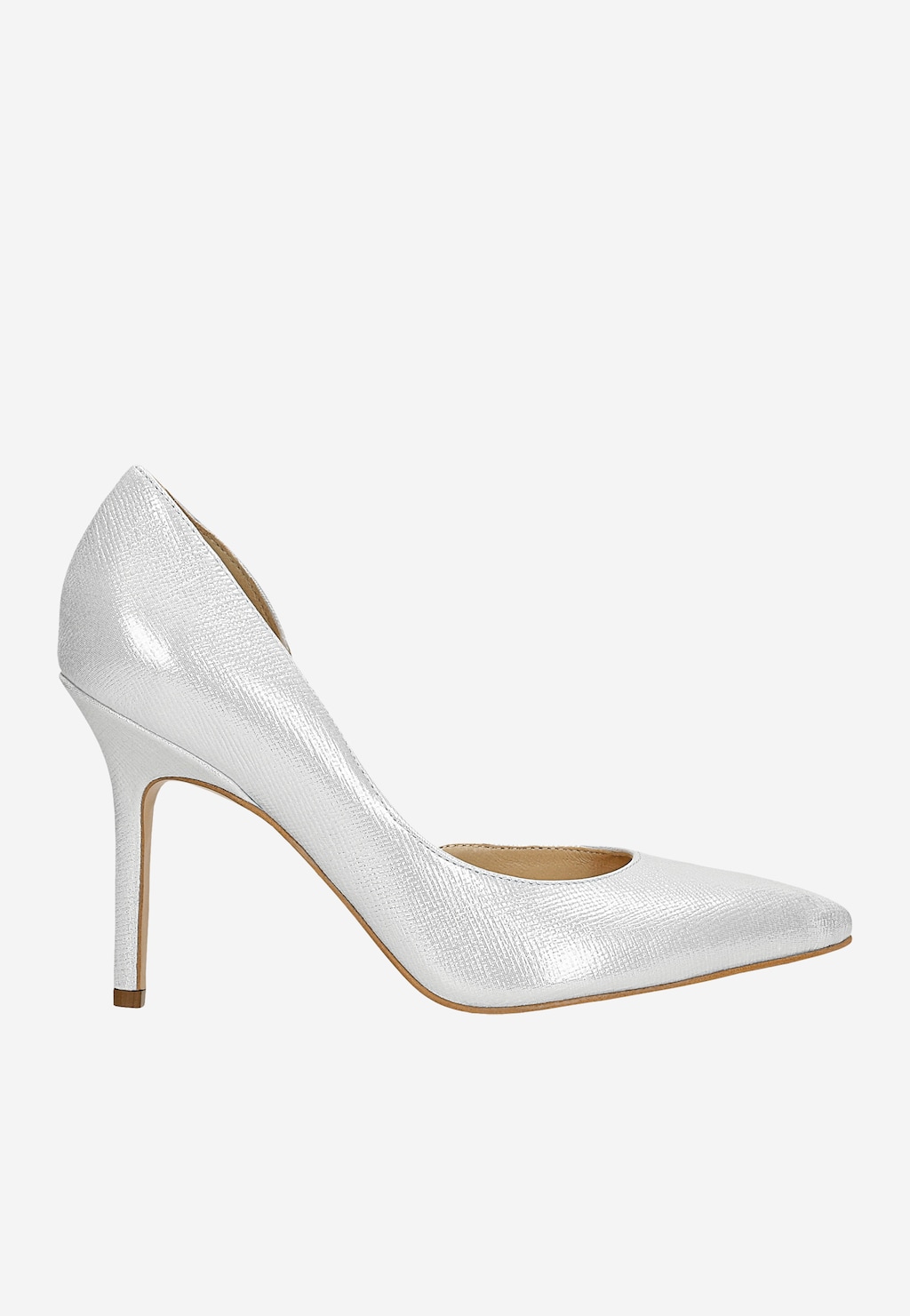 Srebrne eleganckie czółenka Wojas model 35105-59 na wysokiej szpilce z teksturowanym połyskującym wykończeniem, ukazane z boku, z widocznym smukłym obcasem.