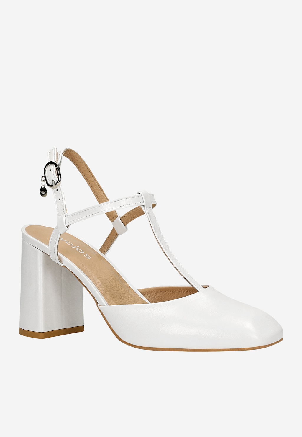 Białe czółenka Wojas model 35152-59 z odkrytą piętą, T-paskiem i eleganckim słupkiem. Skórzane wykończenie wnętrza i metalowa klamra przy zapięciu.