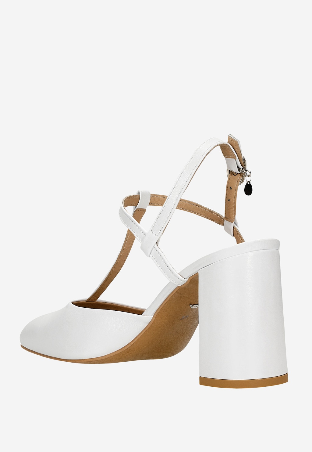 Białe czółenka Wojas 35152-59 z odkrytą piętą na eleganckim słupku. But z paskami krzyżującymi się na podbiciu, zapinany na sprzączkę z ozdobnym elementem.