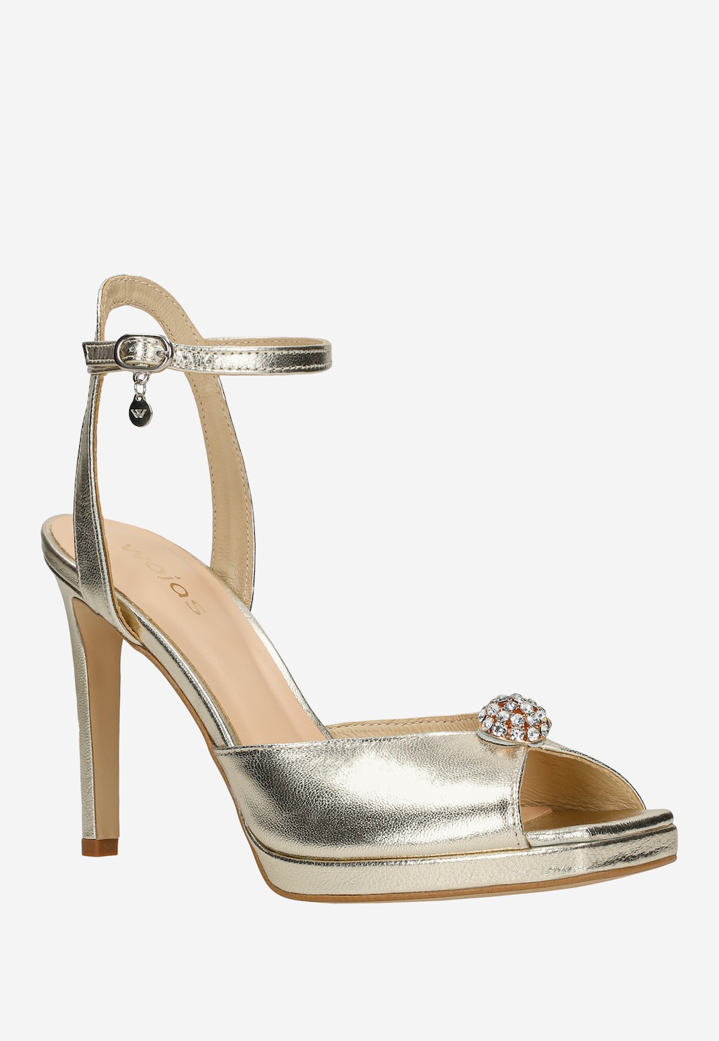 Złote sandały Wojas model 76187-58 na wysokiej szpilce z błyszczącą kryształkową ozdobą na przodzie. Eleganckie obuwie z paskiem wokół kostki i małą zawieszką.