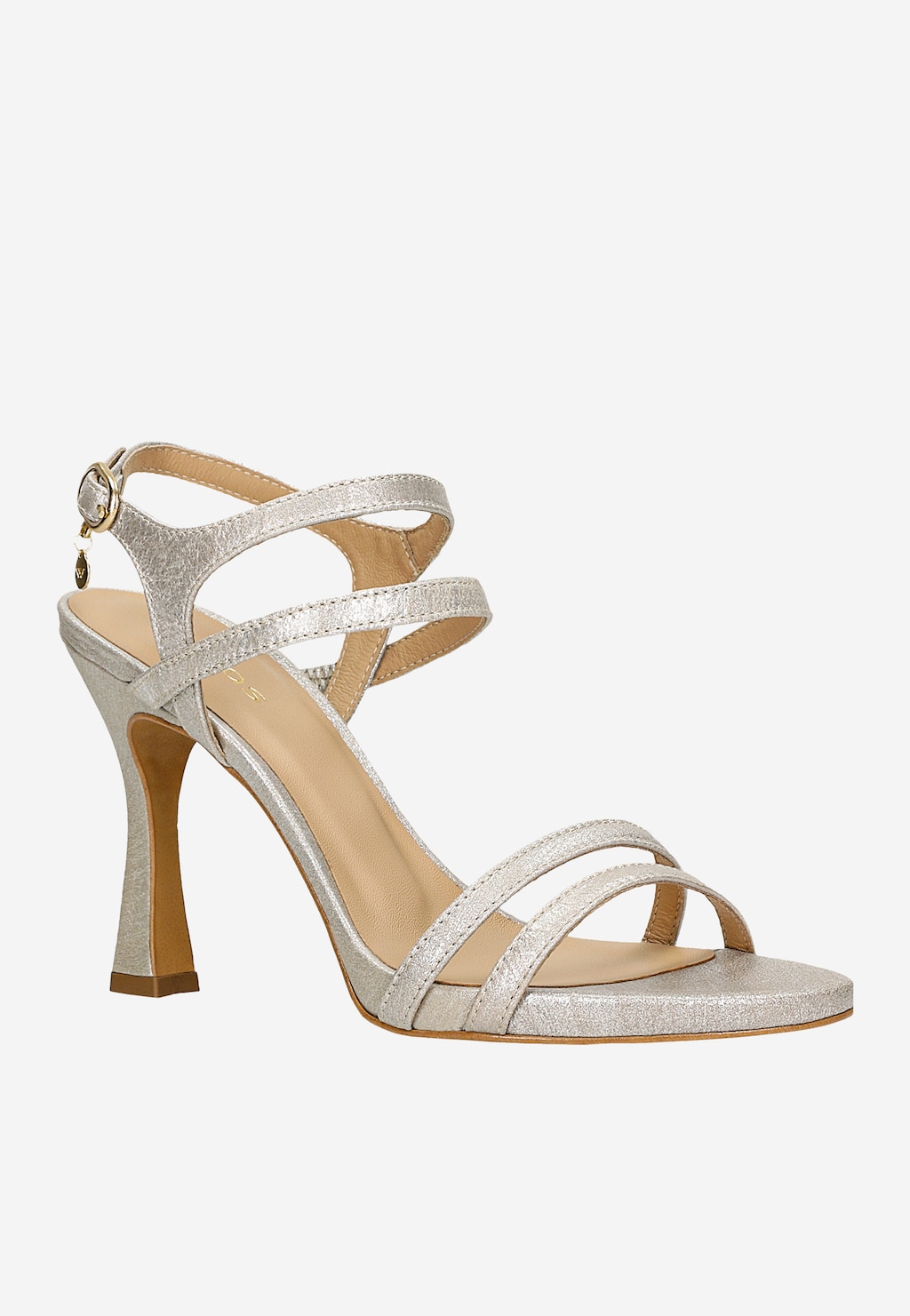 Srebrne sandały Wojas model 76190-59 z weluru foliowanego na szpilce, z cienkimi paskami krzyżującymi się na przodzie i zapięciem na kostce, elegancki obcas.