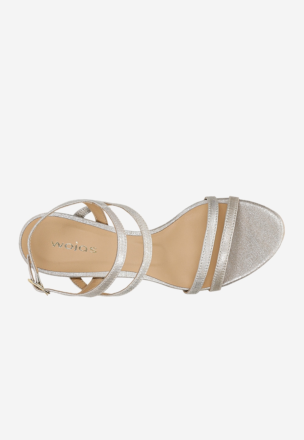 Srebrne sandały Wojas model 76190-59 z weluru foliowanego na szpilce, widok z góry. Eleganckie paski krzyżujące się na wierzchu, z zapięciem na kostkę.