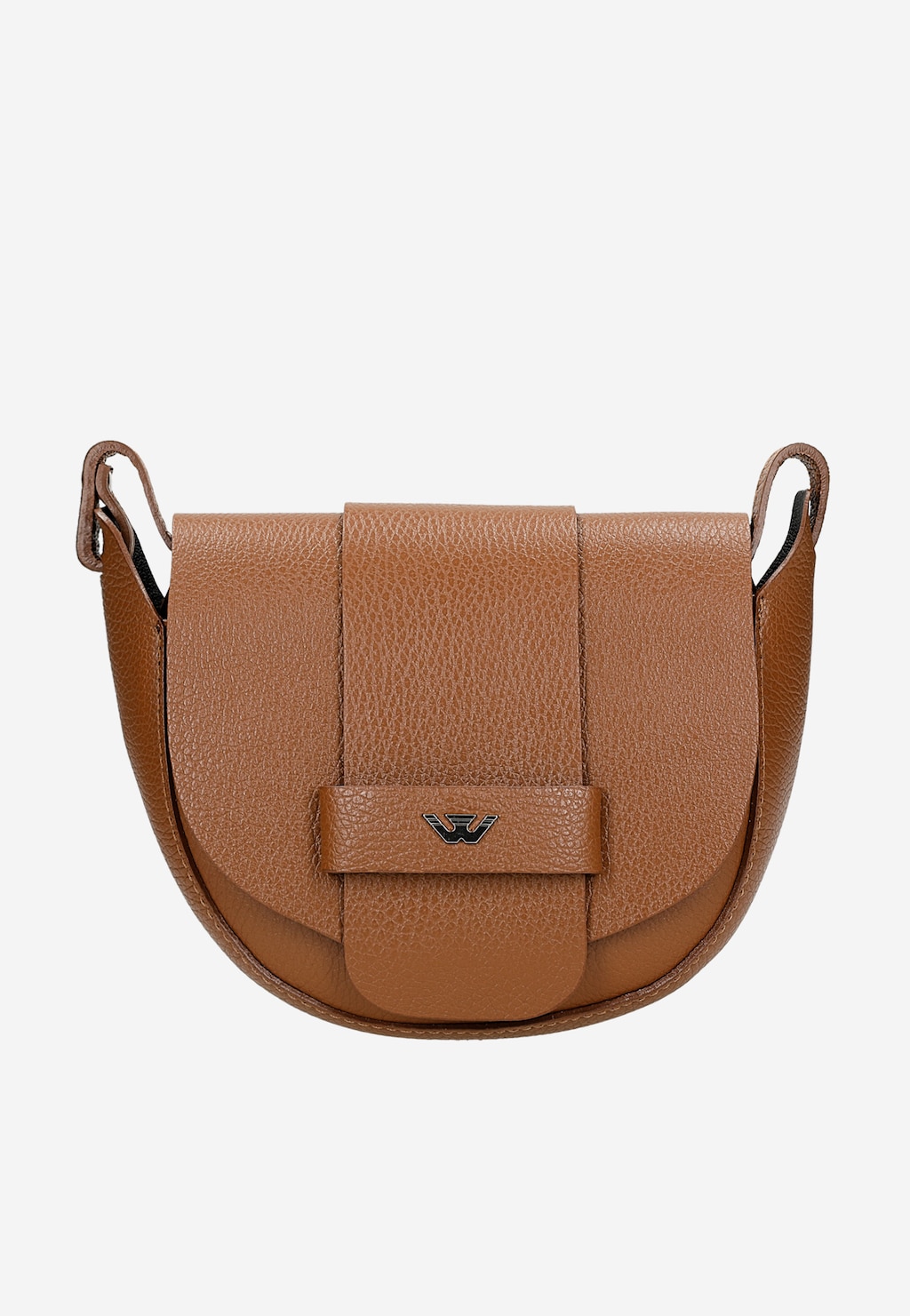 Jasnobrązowa skórzana torebka damska Wojas model 9816-53 typu saddle bag z charakterystycznym zapięciem i logo marki, widoczna z przodu.