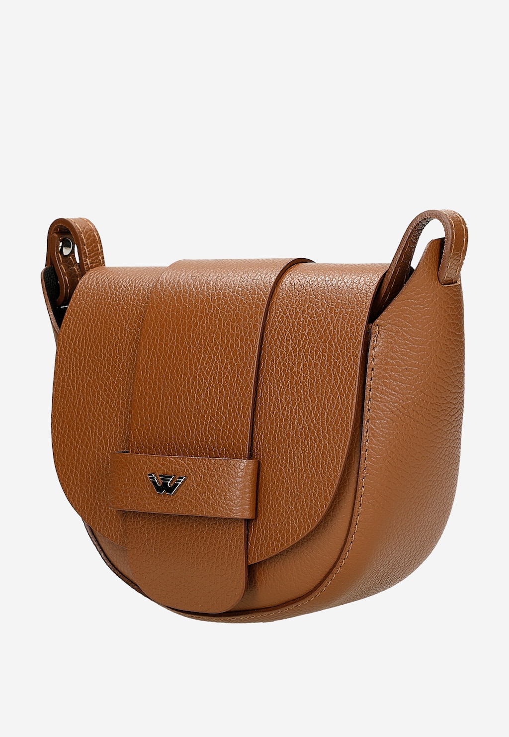 Jasnobrązowa skórzana torebka Wojas model 9816-53 typu saddle bag z charakterystycznym logo W na klapie, widoczna z boku, prezentująca fakturę skóry i zaokrąglony kształt.