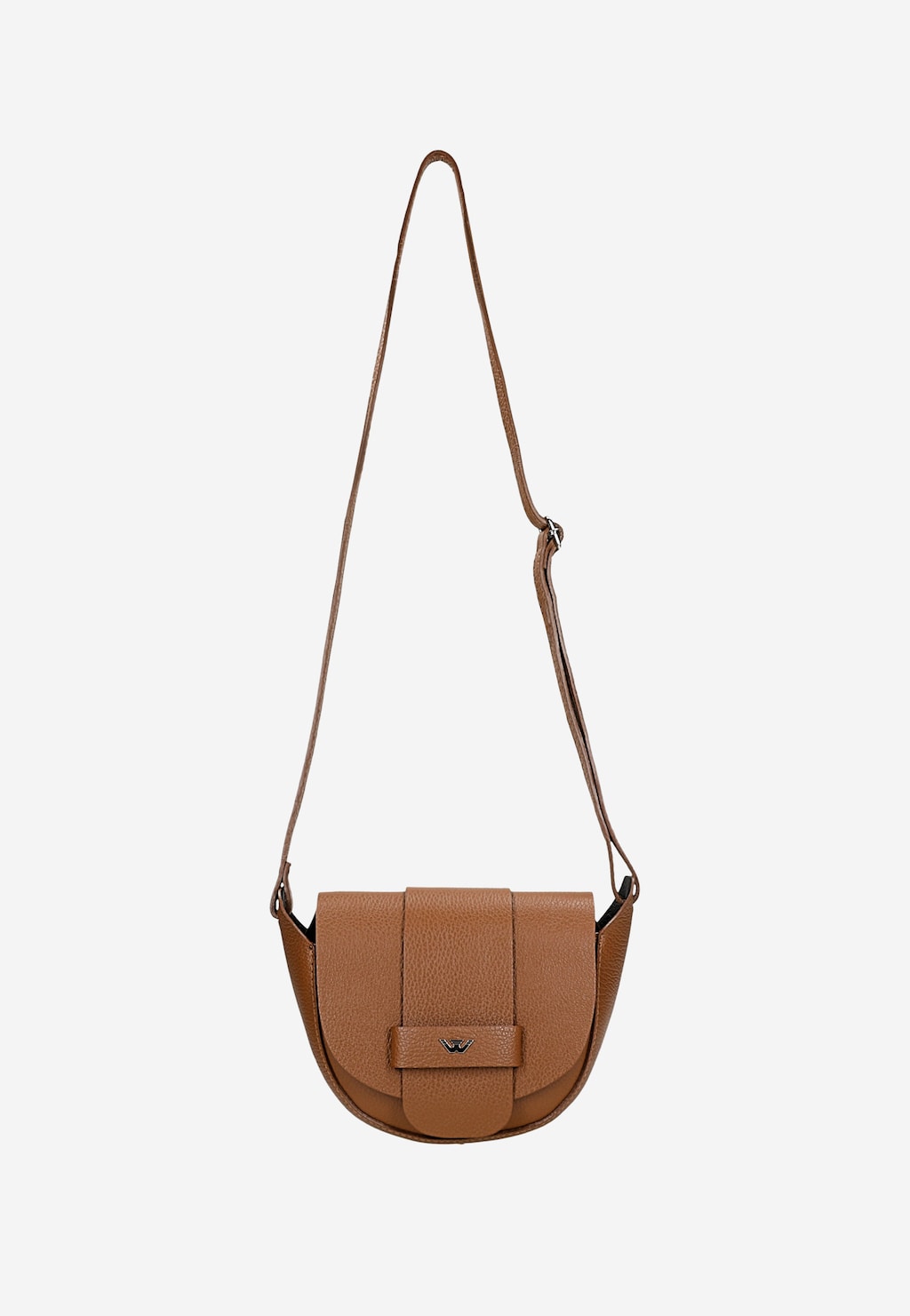 Jasnobrązowa skórzana torebka damska Wojas model 9816-53 typu saddle bag z regulowanym paskiem na ramię, ozdobiona charakterystycznym logo marki na klapie.