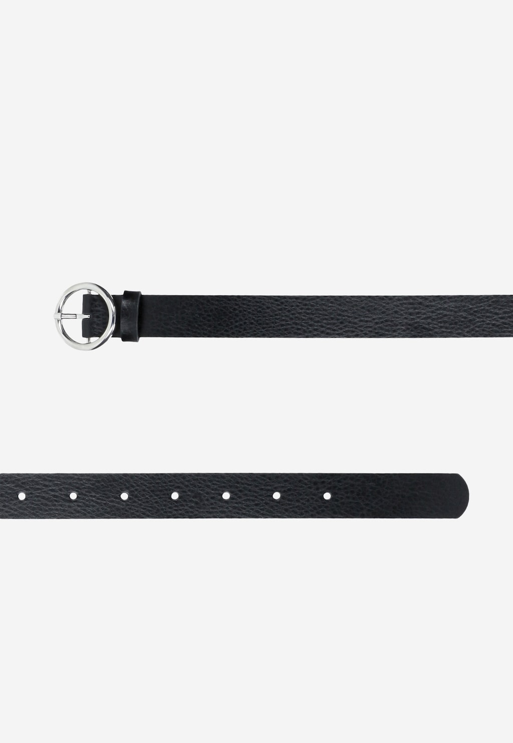 Elegancki czarny pasek damski Wojas model 9973-51 z fakturą imitującą skórę, wyposażony w okrągłą srebrną klamrę i regulowane dziurki.