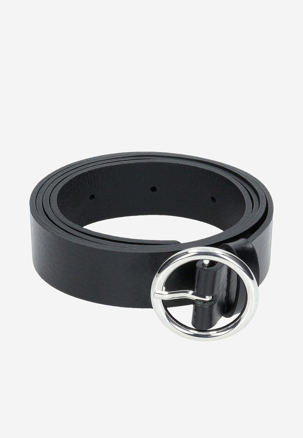 Elegancki czarny pasek damski Wojas model 9973-51 z okrągłą srebrną klamrą. Skórzany, z widocznymi otworami do regulacji długości.