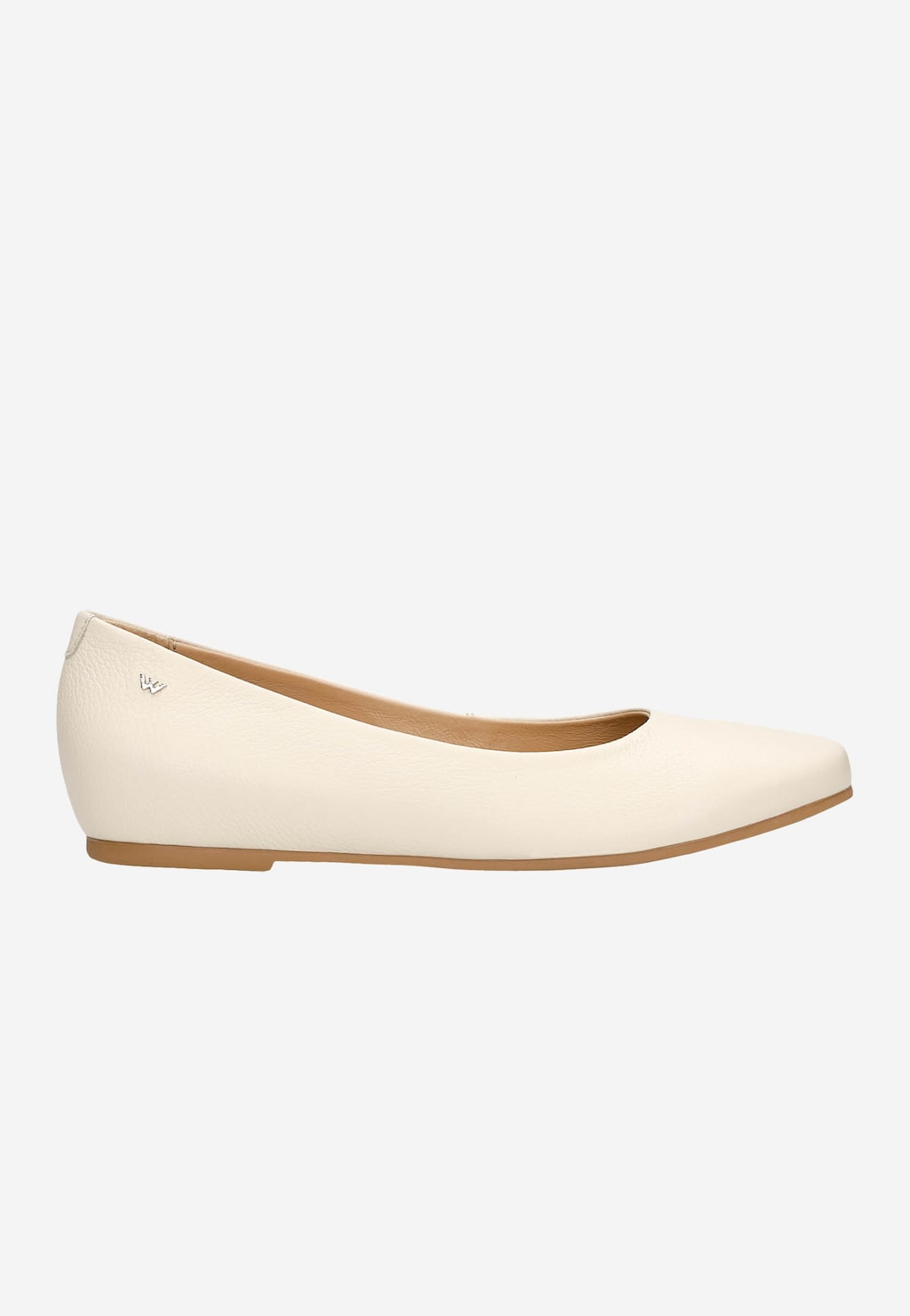 Beżowe skórzane baleriny damskie Wojas model 44005-54 z płaską podeszwą, widok z boku, elegancki minimalistyczny design z charakterystycznym logo marki.