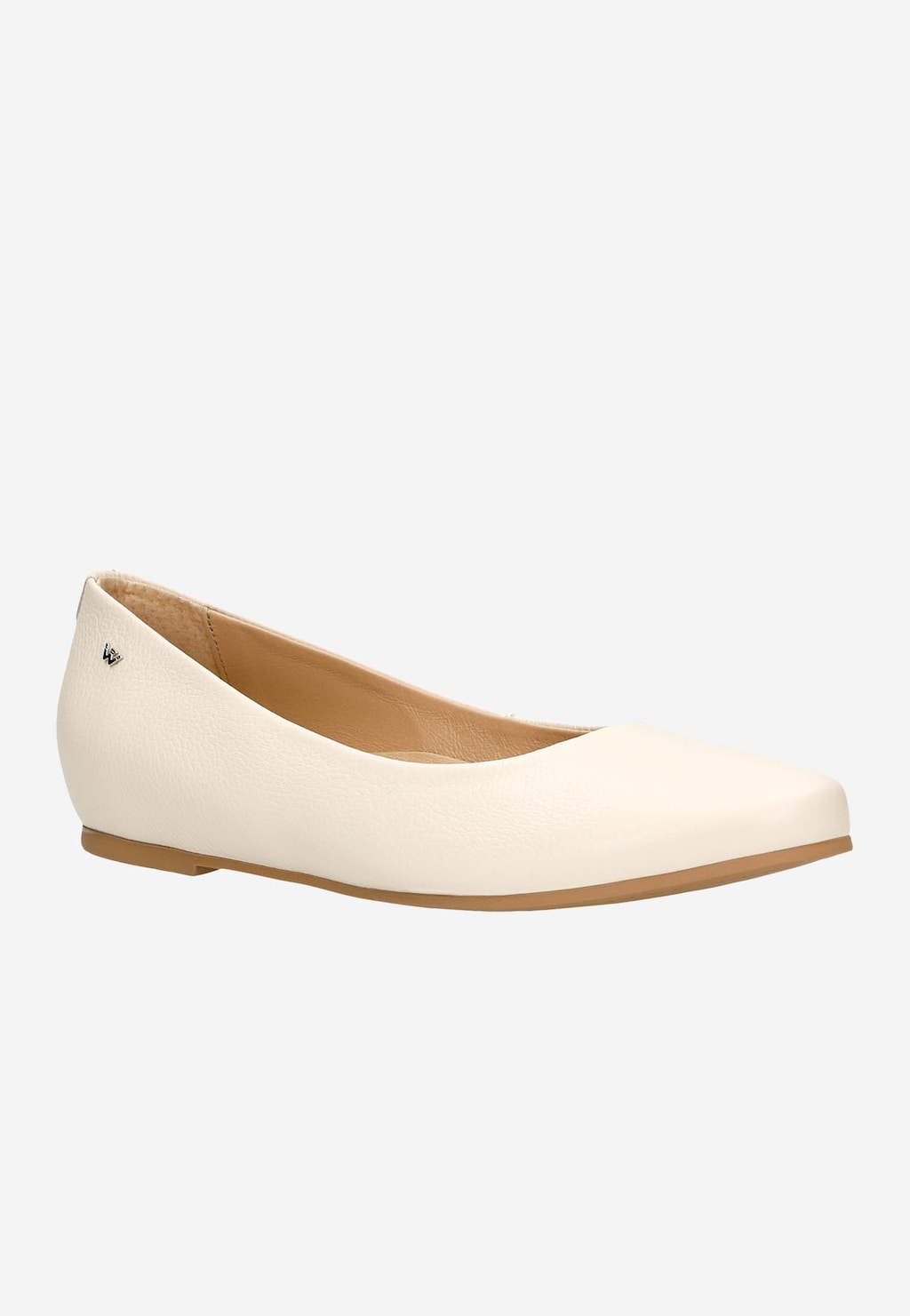 Beżowe skórzane baleriny damskie Wojas model 44005-54 z płaską podeszwą i delikatną fakturą skóry, widoczne z boku z charakterystycznym logo marki.
