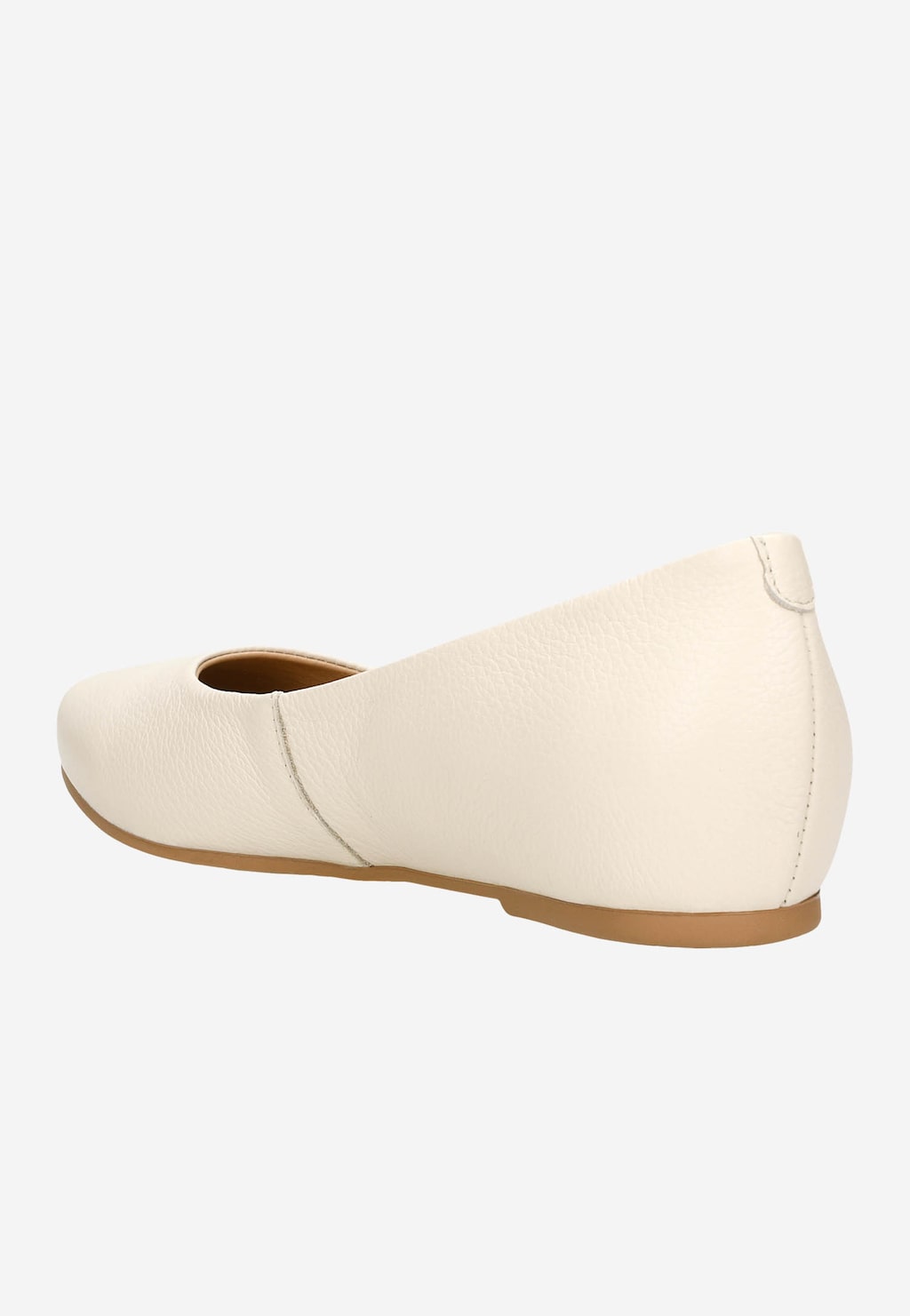 Beżowe skórzane baleriny damskie Wojas model 44005-54 z widokiem z boku, ukazującym delikatne przeszycia i płaską podeszwę w kolorze brązowym.