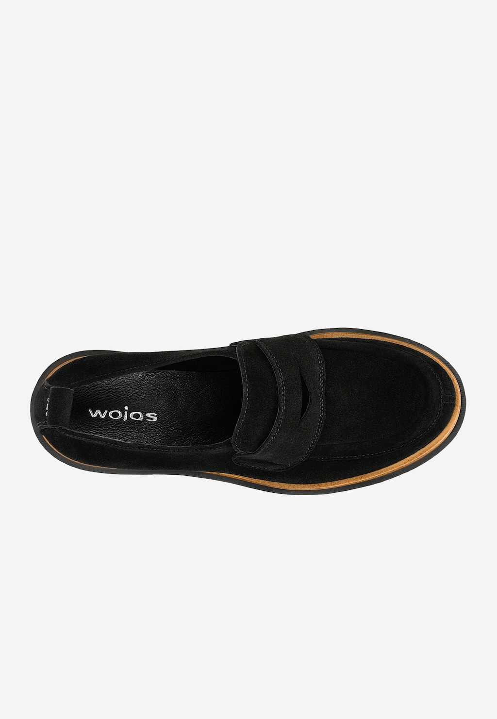 Czarne mokasyny damskie Wojas model 46279-61 penny loafers w stylu casual, widok z góry. But wykonany z zamszu z charakterystycznym paskiem na przodzie i podeszwą z brązowym akcentem.