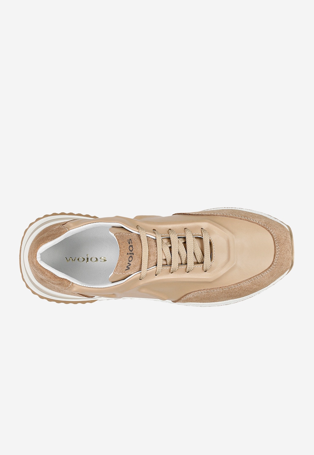 Beżowe sneakersy damskie Wojas 46287-74 widoczne z góry, wykonane z łączonych skór, z mieniącymi się elementami, na białej profilowanej podeszwie.