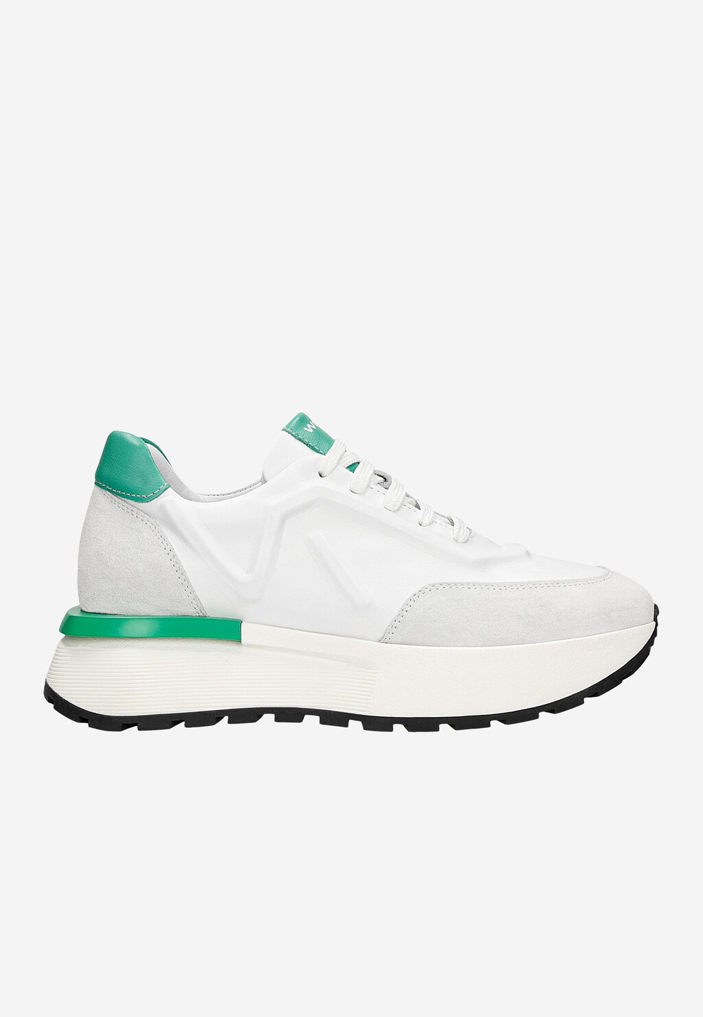 Białe sneakersy damskie Wojas model 46288-79 z zielonymi akcentami na pięcie i podeszwie, na podwyższonej platformie z czarną podeszwą zewnętrzną, widok z boku.