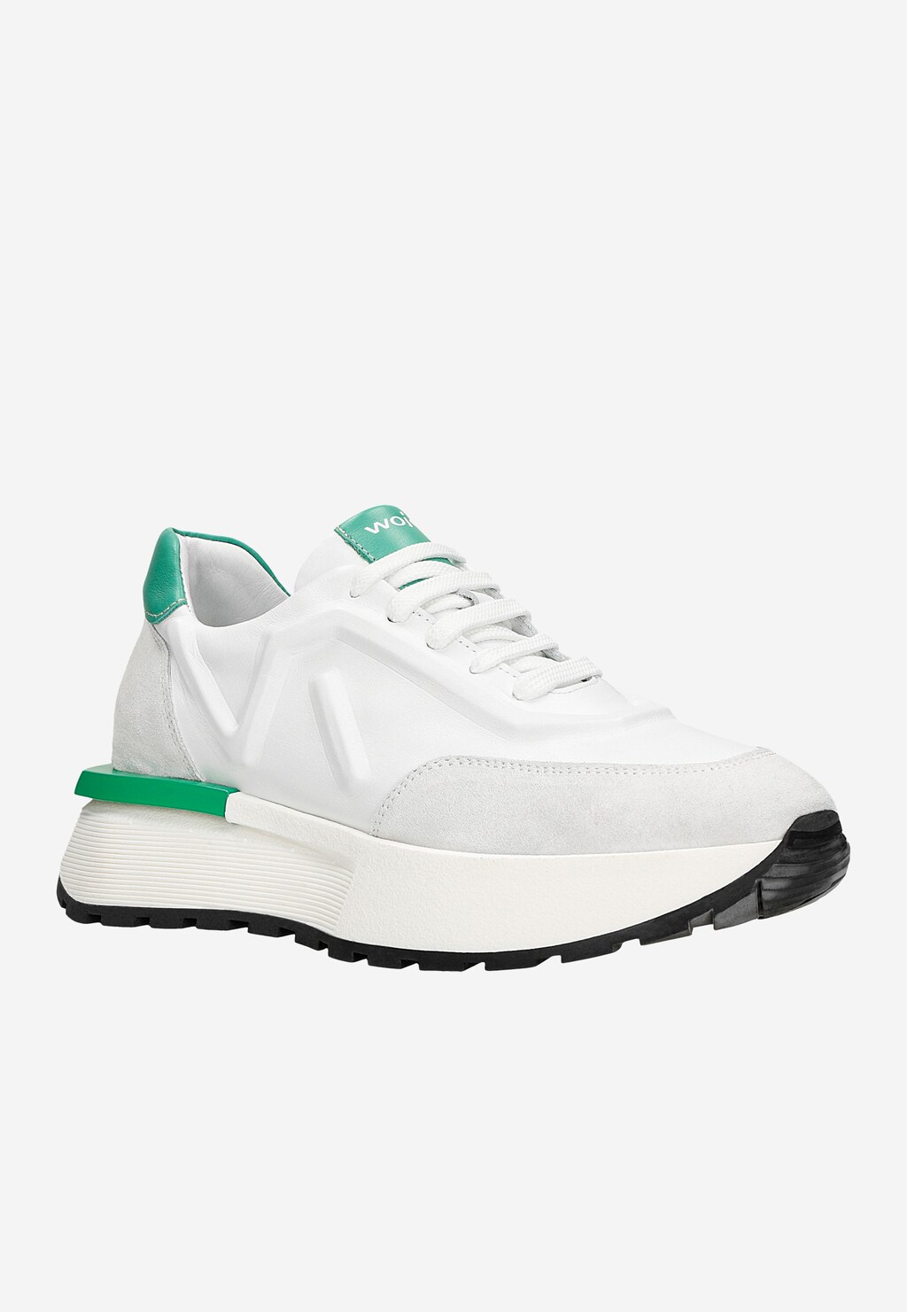 Białe sneakersy damskie Wojas model 46288-79 z charakterystycznymi zielonymi akcentami na pięcie i podeszwie. But na podwyższonej platformie z czarną podeszwą.