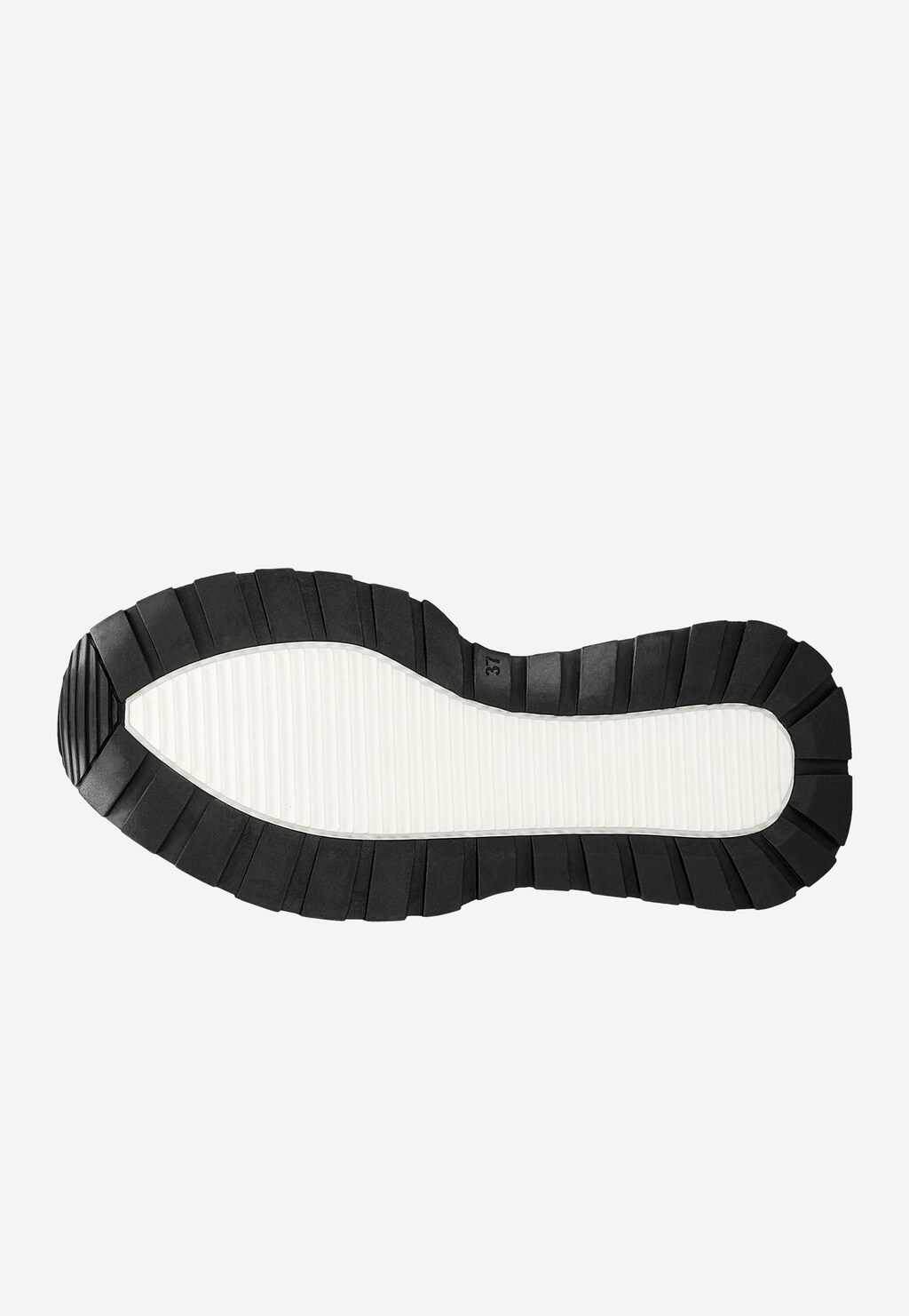 Podeszwa białych sneakersów damskich Wojas model 46288-79 z czarną, grubą obwódką i charakterystycznym białym środkiem. Widoczne oznaczenie rozmiaru 37.