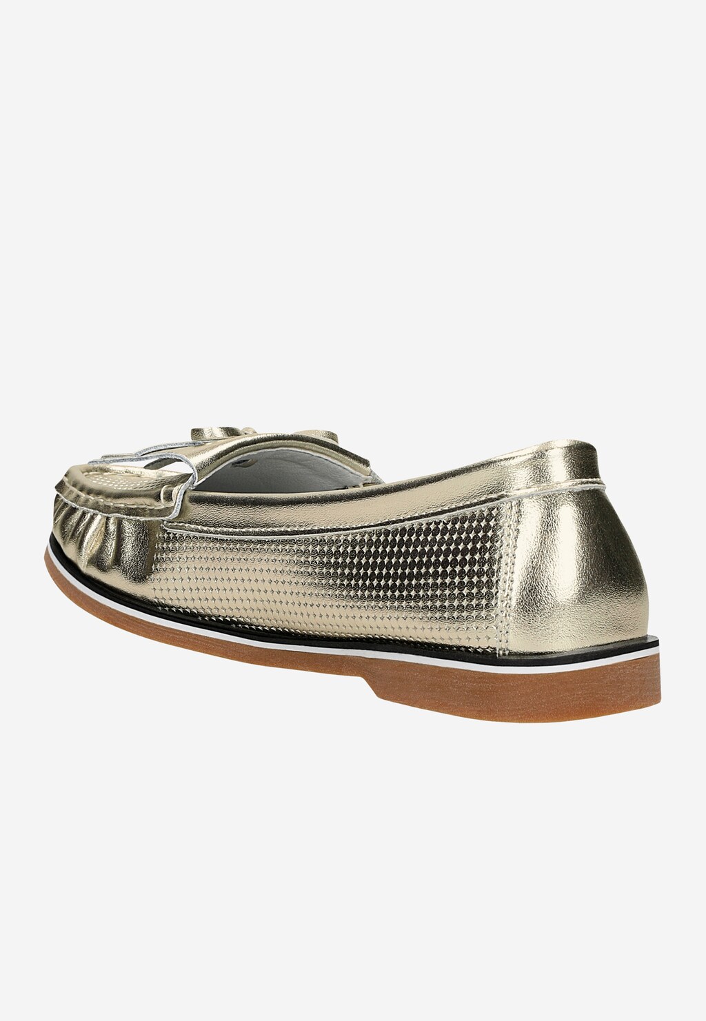 Złote mokasyny Wojas model 46293-58 z ozdobną fakturą, widok z boku. Buty na płaskiej gumowej podeszwie w kolorze brązowym z białym paskiem, eleganckie i wygodne.