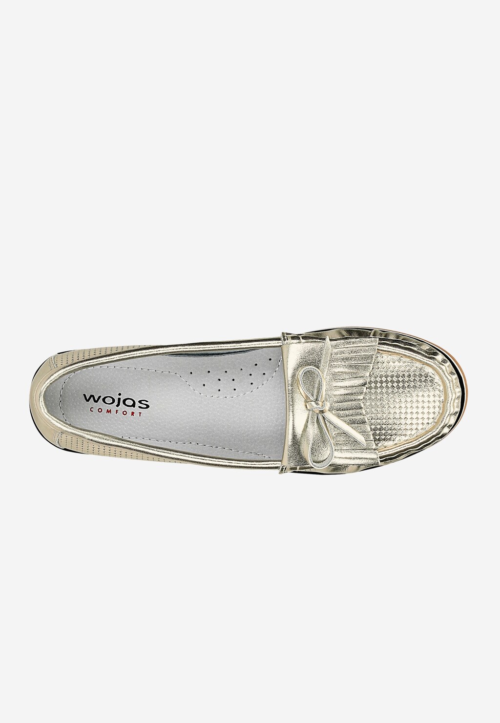 Złoty mokasyn Wojas model 46293-58 z widokiem z góry, ozdobiony małą kokardką i wzorzystym wykończeniem. Wewnątrz widoczna perforowana, szara wkładka z logo marki.