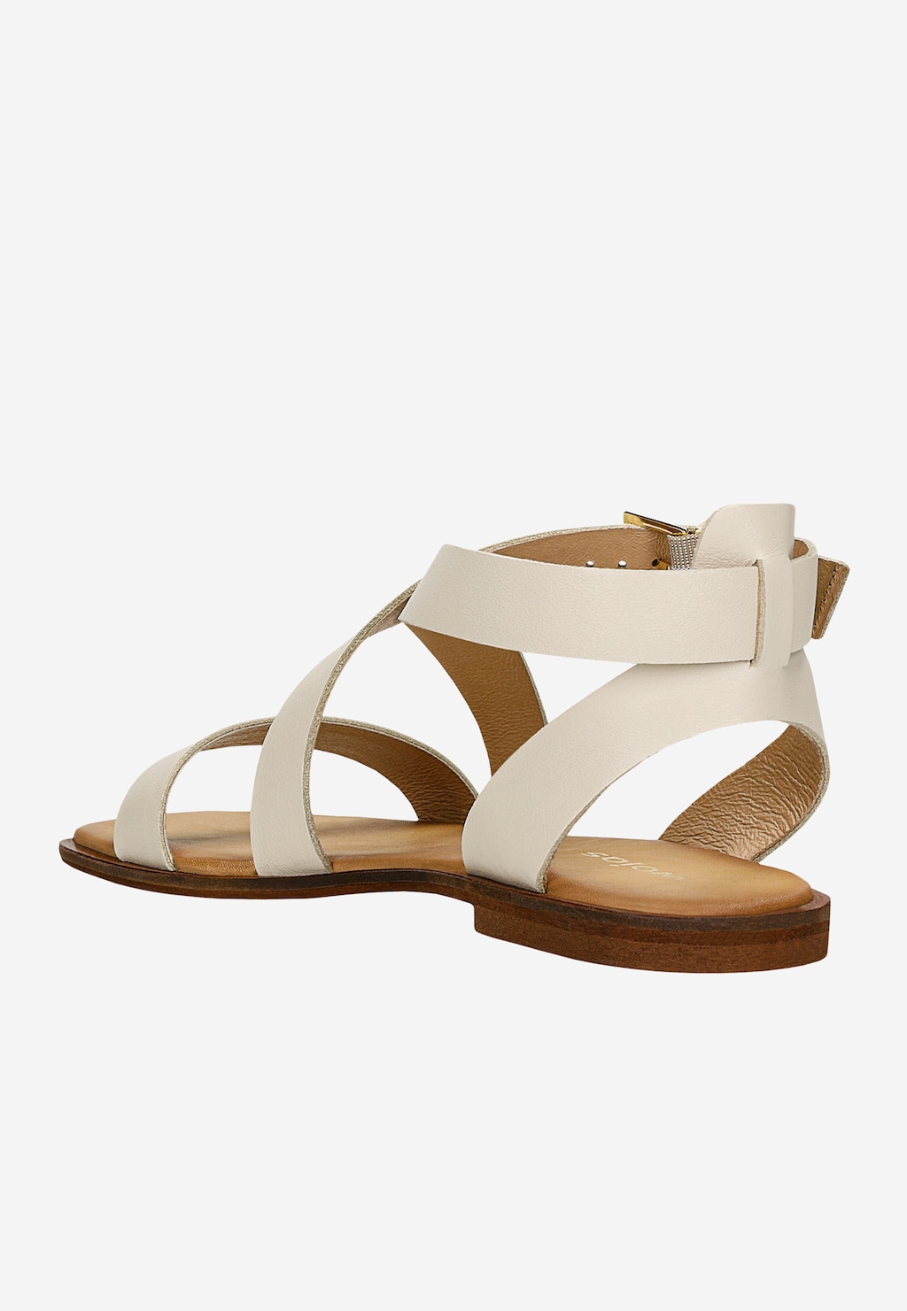 Beżowe sandały damskie Wojas model 76169-54 ze skóry licowej, z krzyżującymi się paskami, złotą klamrą przy kostce i płaską drewnianą podeszwą, widok z boku.