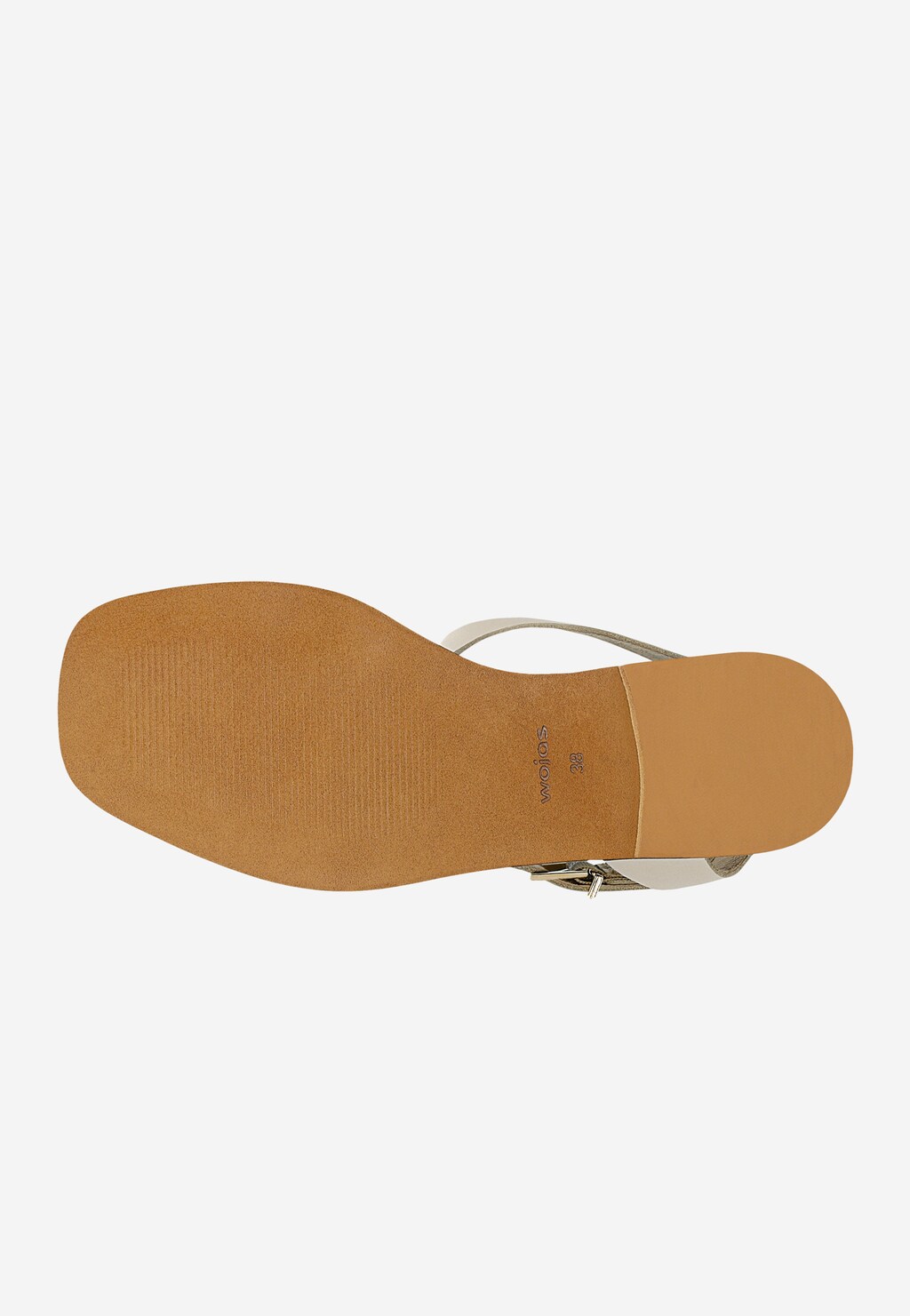 Podeszwa beżowych sandałów damskich Wojas model 76169-54 ze skóry licowej, widok od spodu z logo marki i złotą klamrą widoczną z boku.