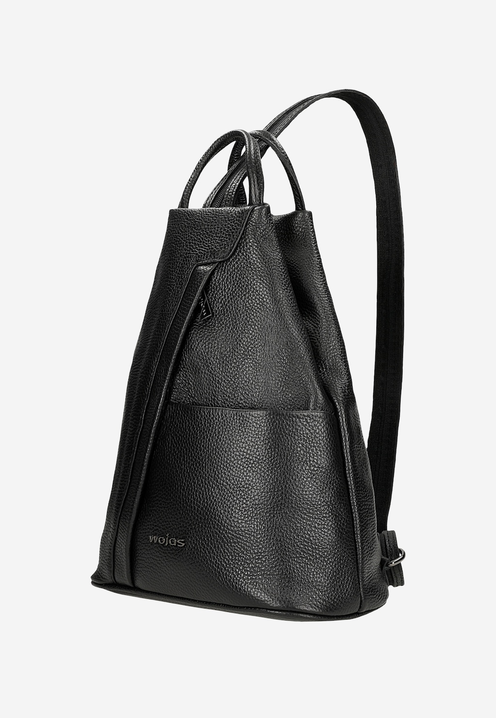 Czarny elegancki plecak Wojas model 80083-51 wykonany z licowej skóry o wyraźnej fakturze, z wygodnymi paskami i logo marki na przedniej części.