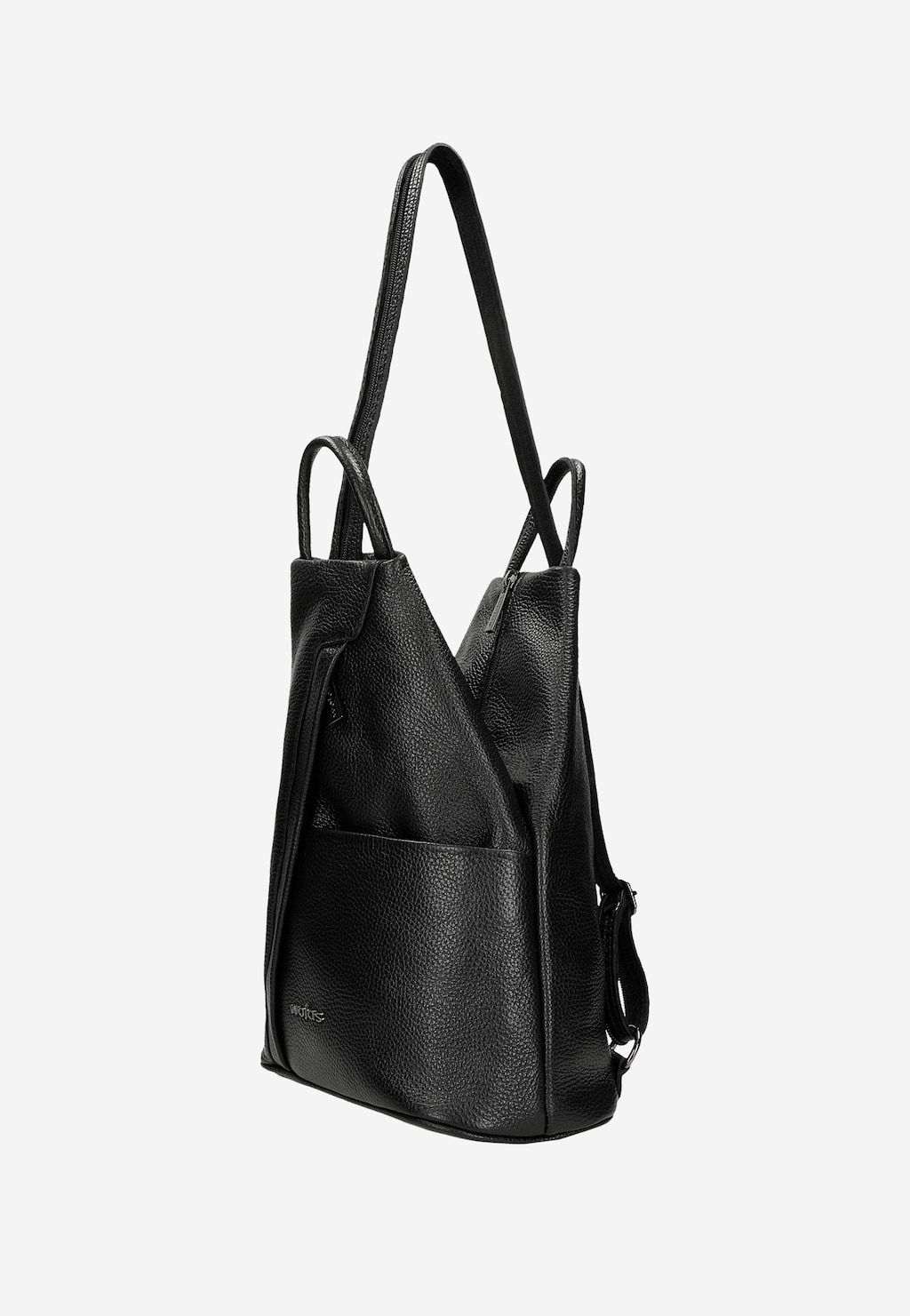 Czarny elegancki plecak Wojas model 80083-51 wykonany z licowej skóry, widoczny z boku, z regulowanymi paskami na ramiona i zewnętrzną kieszenią.