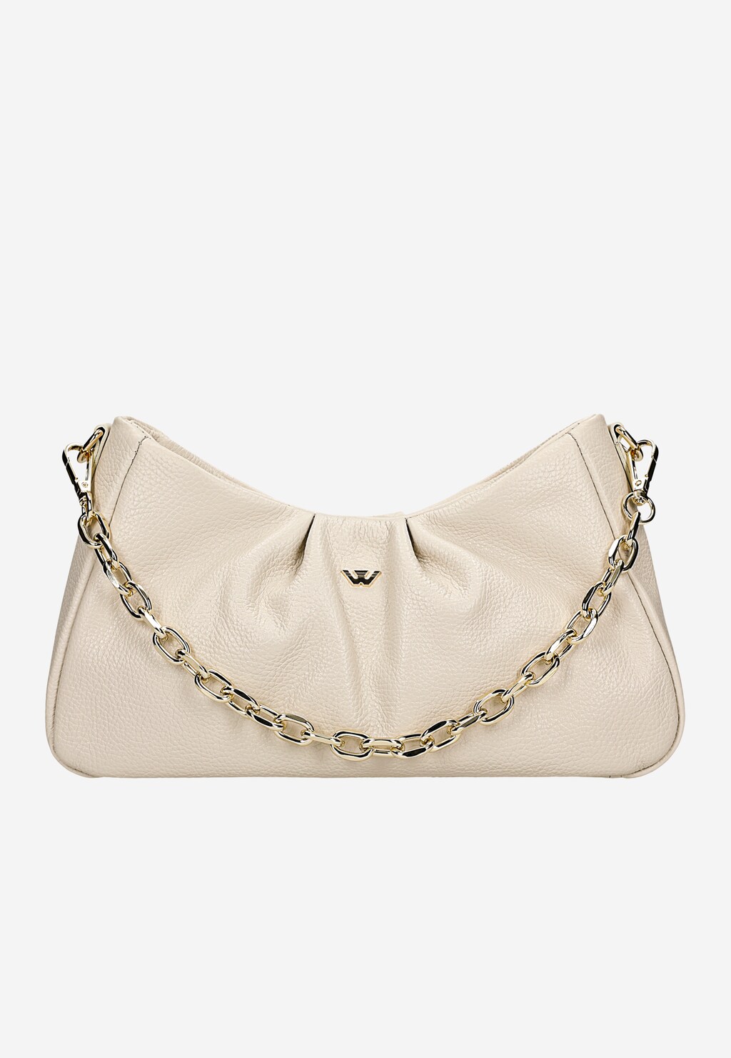 Elegancka beżowa torebka Wojas model 80319-54 z charakterystycznym złotym łańcuchem, marszczeniami i dyskretnym logo marki na froncie.