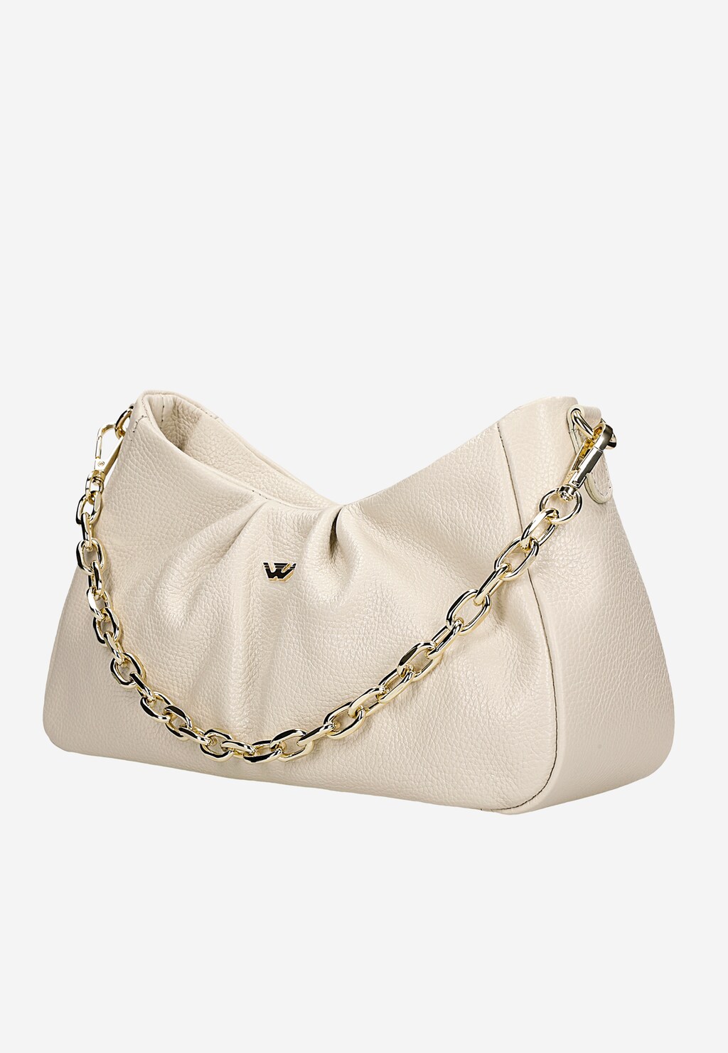 Beżowa torebka Wojas model 80319-54 ze złotym łańcuchem. Elegancka, miękka skóra z logo W, marszczeniem i ozdobnym metalowym paskiem do noszenia na ramieniu.