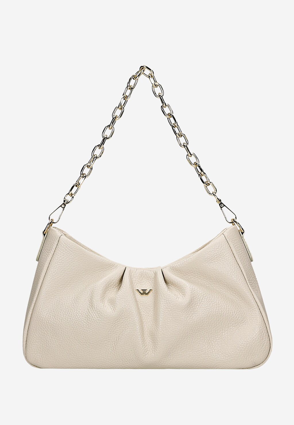 Beżowa torebka Wojas model 80319-54 z eleganckim złotym łańcuchem, miękka struktura skóry z delikatnym marszczeniem i złotym logo marki pośrodku.