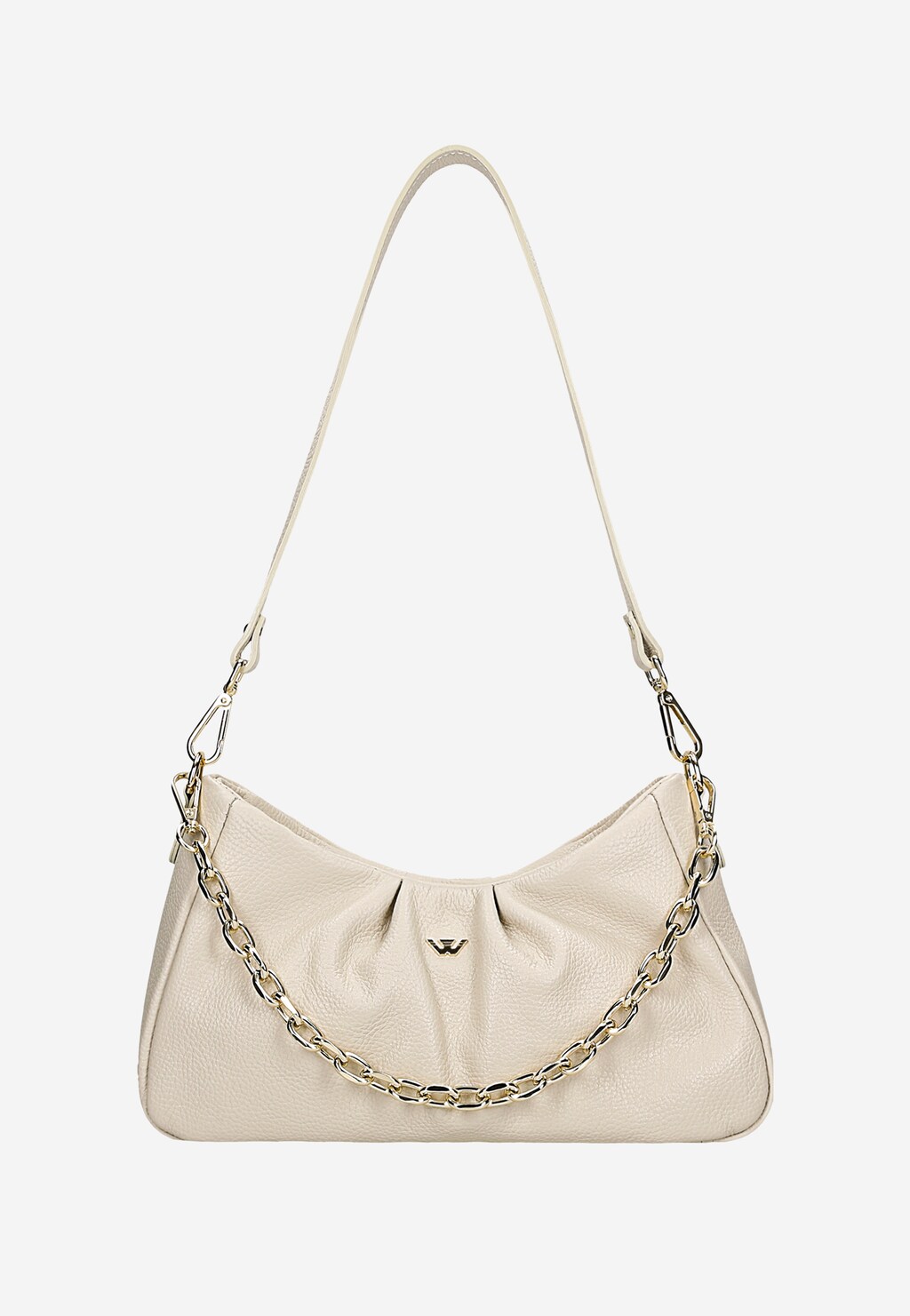 Elegancka beżowa torebka Wojas model 80319-54 z dekoracyjnym złotym łańcuchem, marszczeniami i logo W. Posiada wygodny pasek na ramię i metalowe zapięcia.