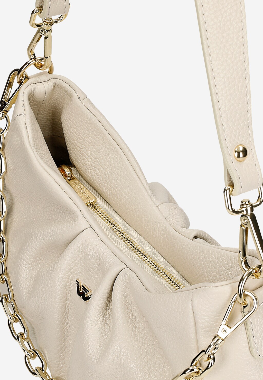 Elegancka beżowa torebka Wojas model 80319-54 z charakterystycznym złotym łańcuchem, złotym zamkiem błyskawicznym i metalowym logo marki. Widoczny skórzany pasek z ozdobnymi detalami.