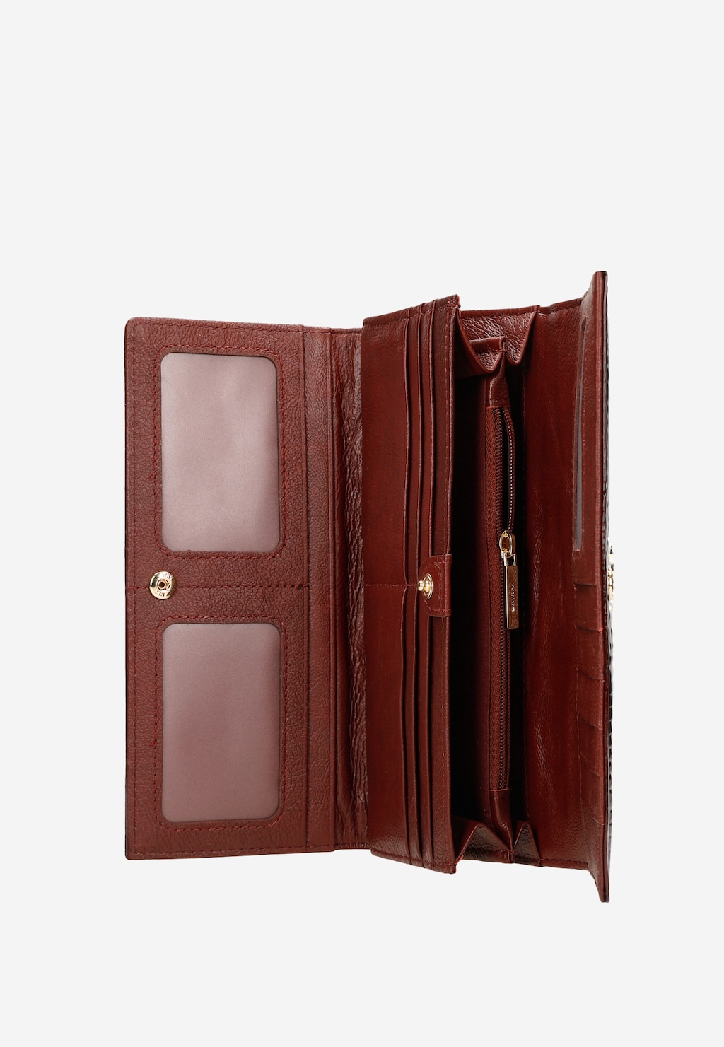 Bordowy portfel damski Wojas 91060-35 z lakierowanej skóry otwarty ukazujący wnętrze z przegródkami, kieszonkami na dokumenty i zamykaną kieszenią na monety.