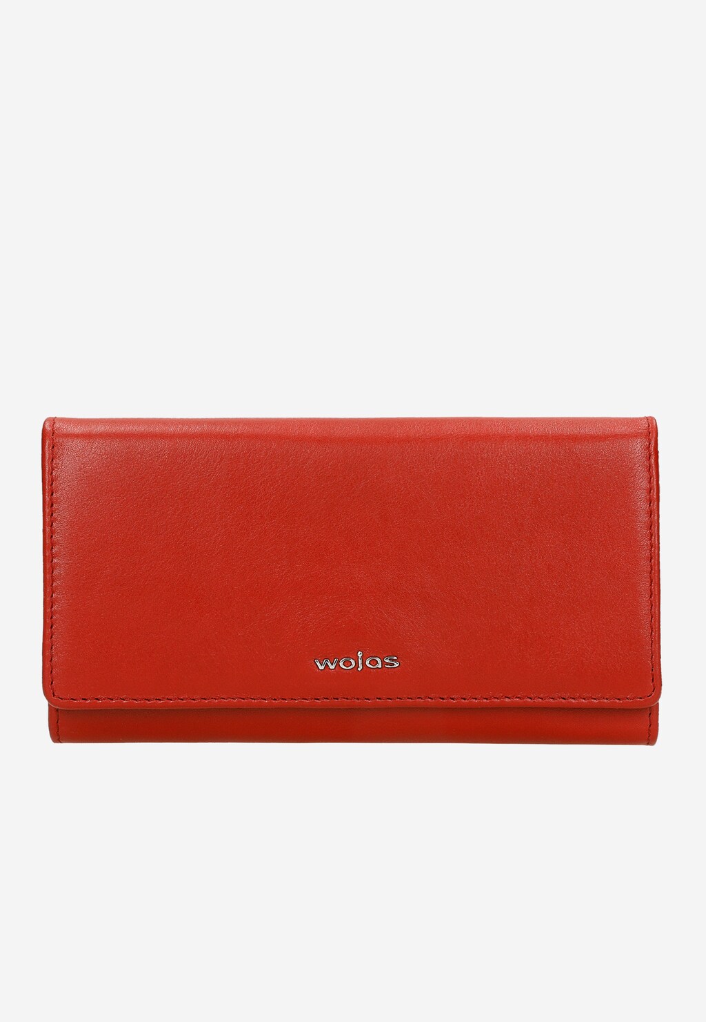 Duży czerwony portfel damski Wojas 91069-55 wykonany z wysokiej jakości skóry licowej, z widocznym srebrnym logo marki na froncie.
