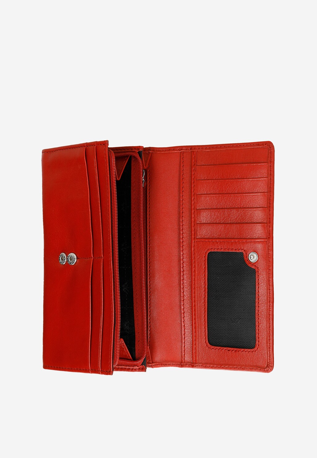 Duży czerwony portfel damski Wojas 91069-55 z licowej skóry, otwarty, z widocznymi przegródkami na karty, zapinaną kieszenią na zamek i okienkiem na dokumenty.