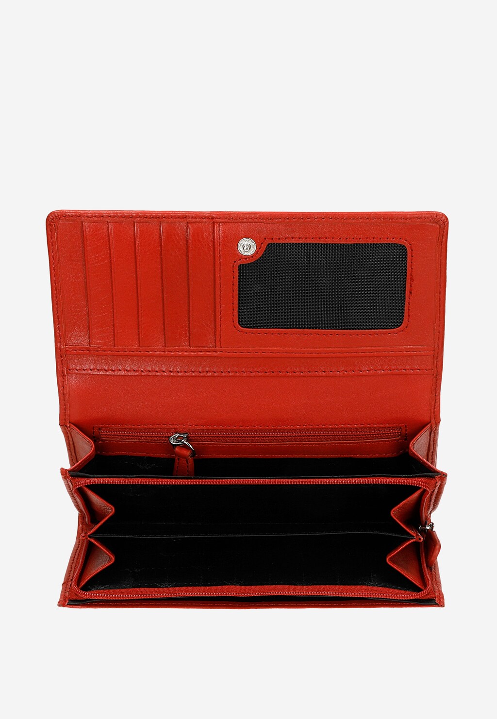 Otwarty czerwony portfel damski Wojas model 91069-55 ze skóry licowej. Widoczne wewnętrzne przegrody, kieszonka z zamkiem, miejsce na karty i okienko na dokument.