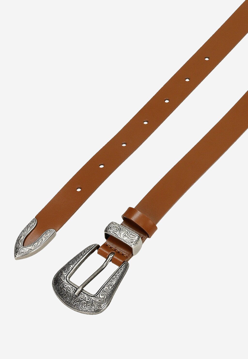 Brązowy pasek Wojas model 93012-52 z ozdobnym tłoczeniem na metalowej klamrze w stylu western, wykonany ze skóry z dekoracyjnymi końcówkami i otworami do regulacji.