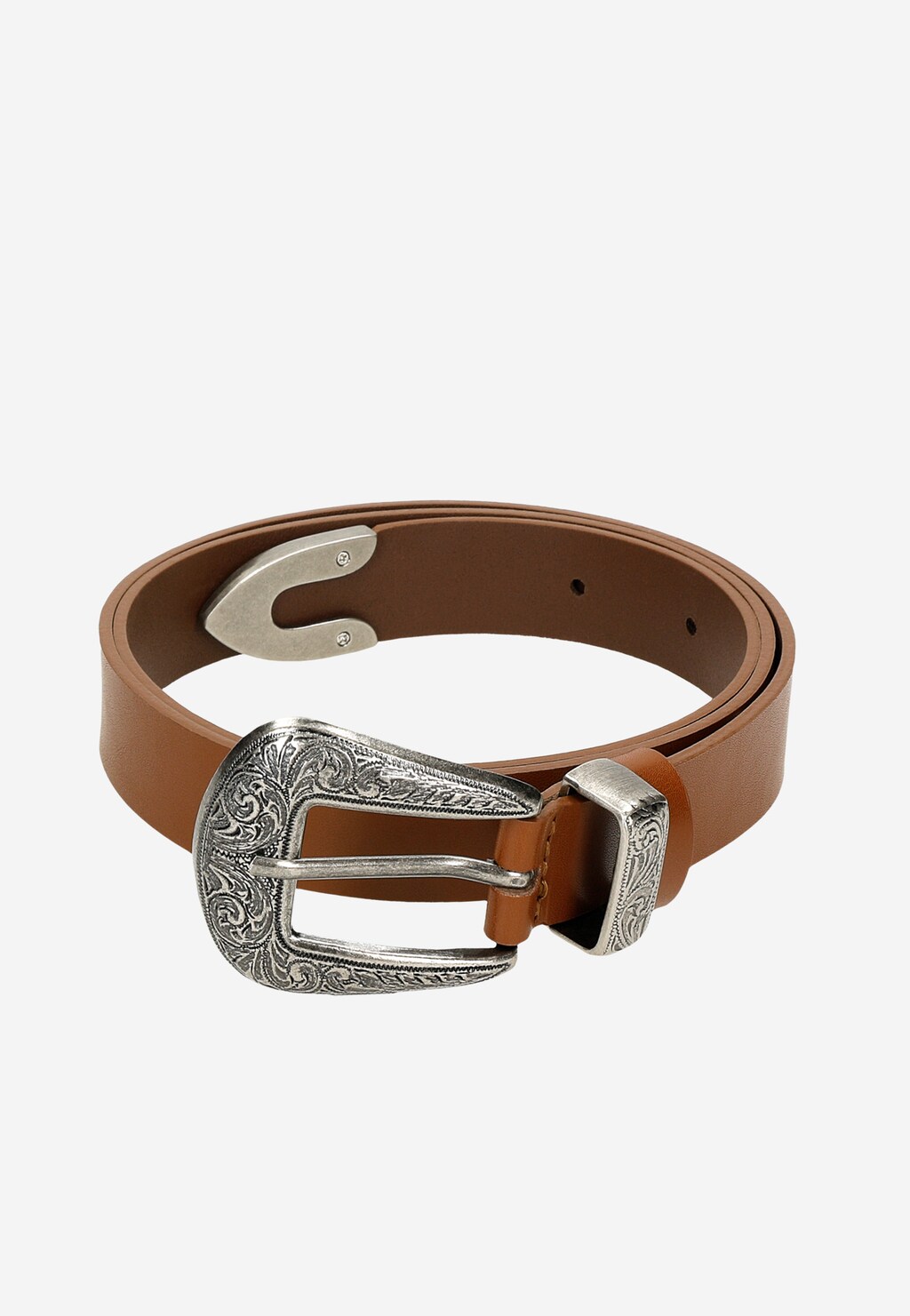 Brązowy pasek Wojas model 93012-52 z elegancką metalową klamrą ozdobioną dekoracyjnym tłoczeniem w stylu vintage, widoczne również metalowe zakończenie.