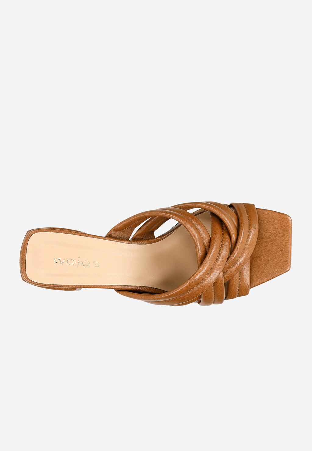 Jasnobrązowe eleganckie klapki damskie Wojas 74072-54 z widokiem z góry, prezentujące charakterystyczne przeplatane paski i kwadratowy czubek, stylowe obuwie letnie na obcasie.