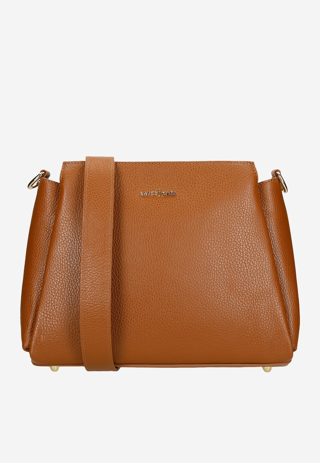 Elegancki jasnobrązowy kuferek damski Wojas model 80106-53 ze skóry naturalnej z widoczną fakturą, z logo marki i odpinanym paskiem na ramię.
