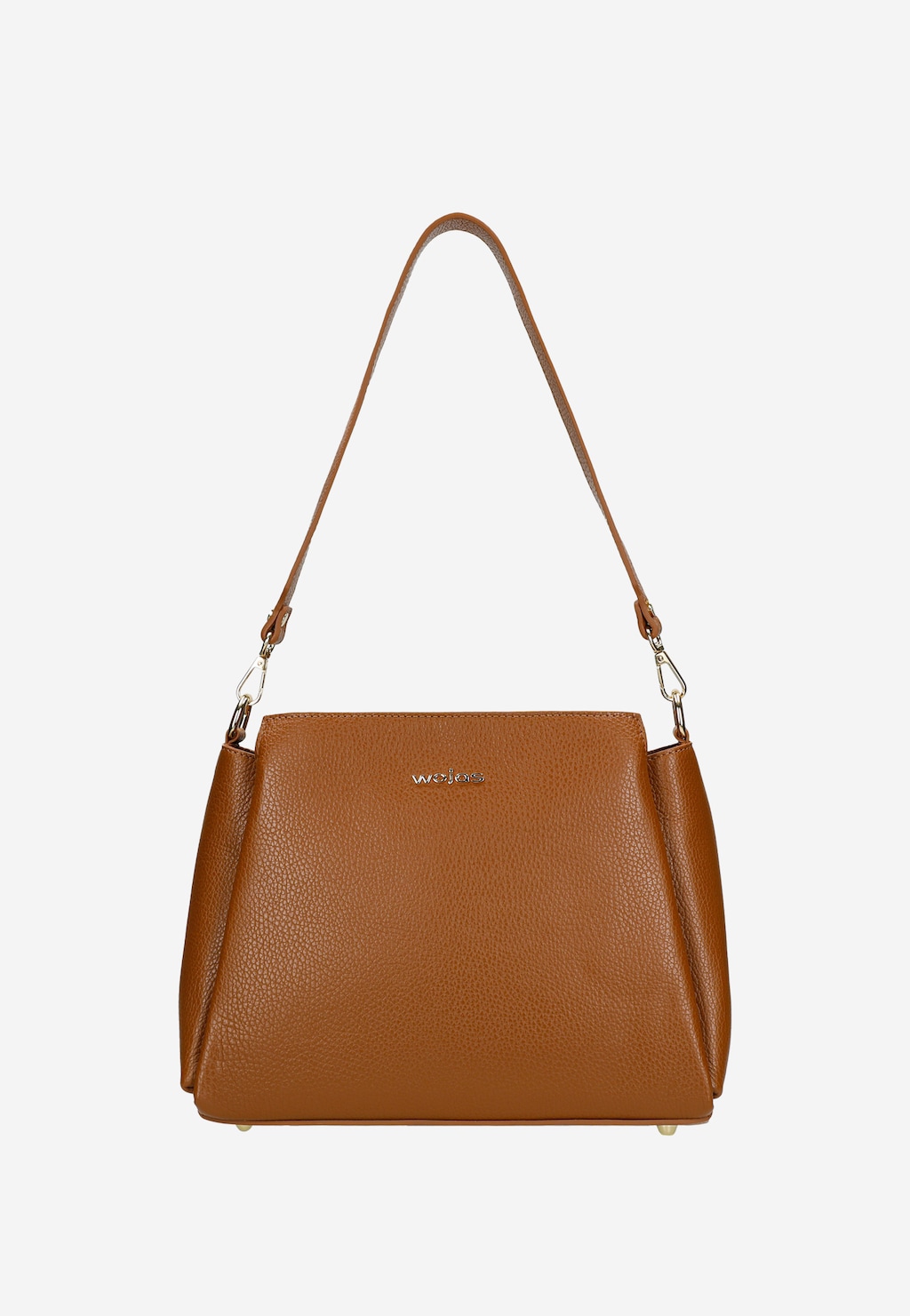 Skórzany jasnobrązowy kuferek damski Wojas model 80106-53 z długim paskiem na ramię, złotymi okuciami i logo marki na froncie, ukazany z przodu.