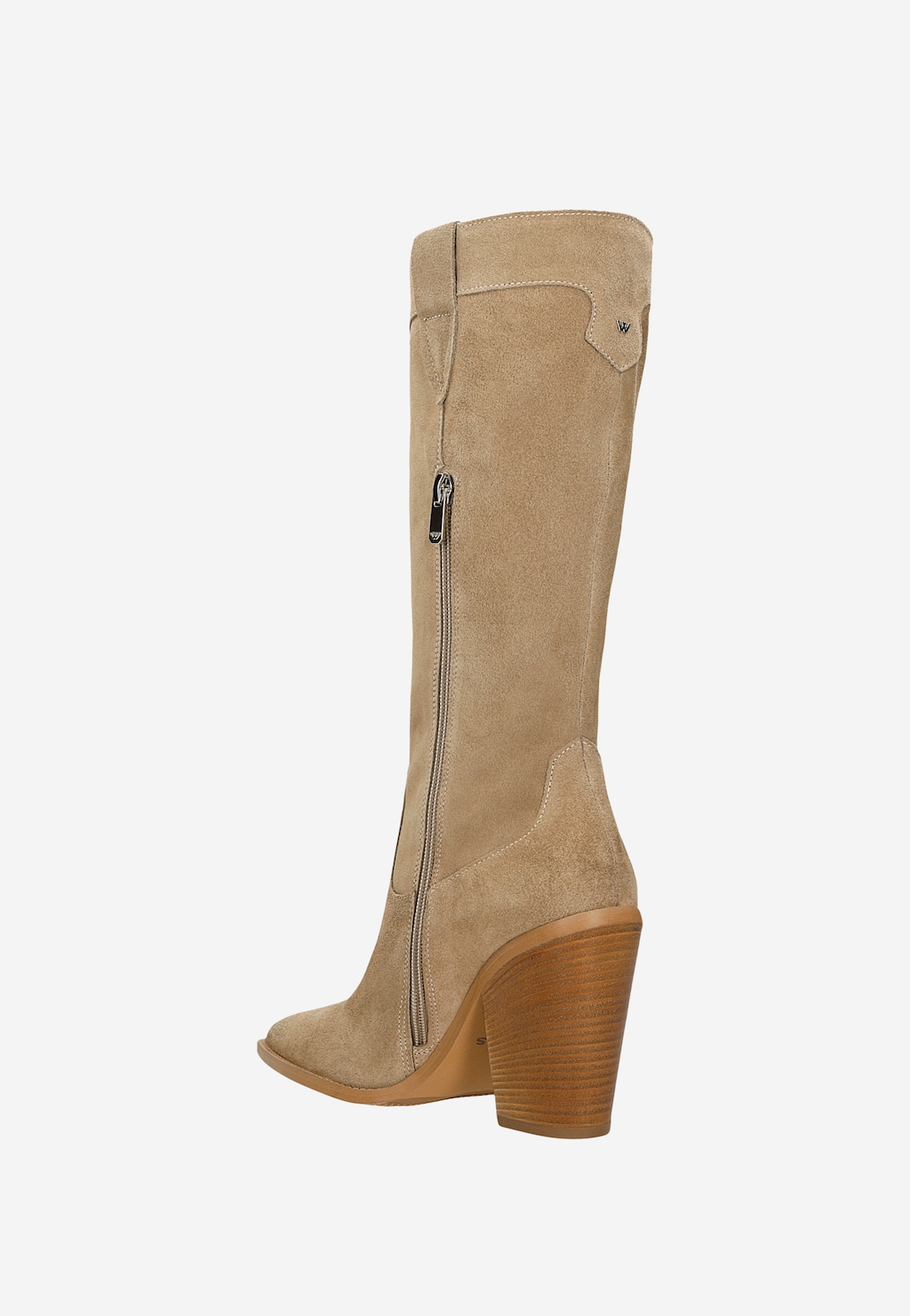 Beżowe kozaki kowbojki Wojas model 71055-64 z zamkiem bocznym, wykonane z zamszu, na wysokim drewnianym obcasie, z charakterystycznym logo W na cholewce.