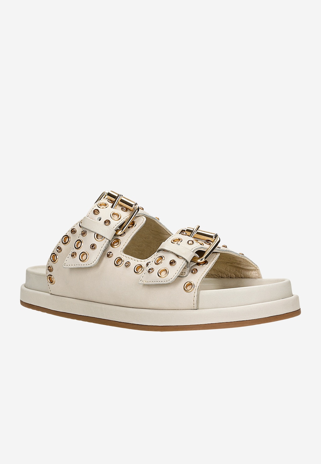 Beżowe płaskie klapki skórzane Wojas model 74125-54 ze złotymi nitami i klamrami, widok z boku, na płaskiej podeszwie z gumowym spodem.