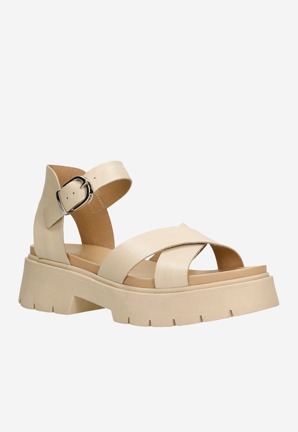 Beżowe sandały Wojas model 76135-54 z krzyżującymi się paskami, zapinane na klamrę przy kostce, na masywnej platformie, wykonane ze skóry naturalnej.