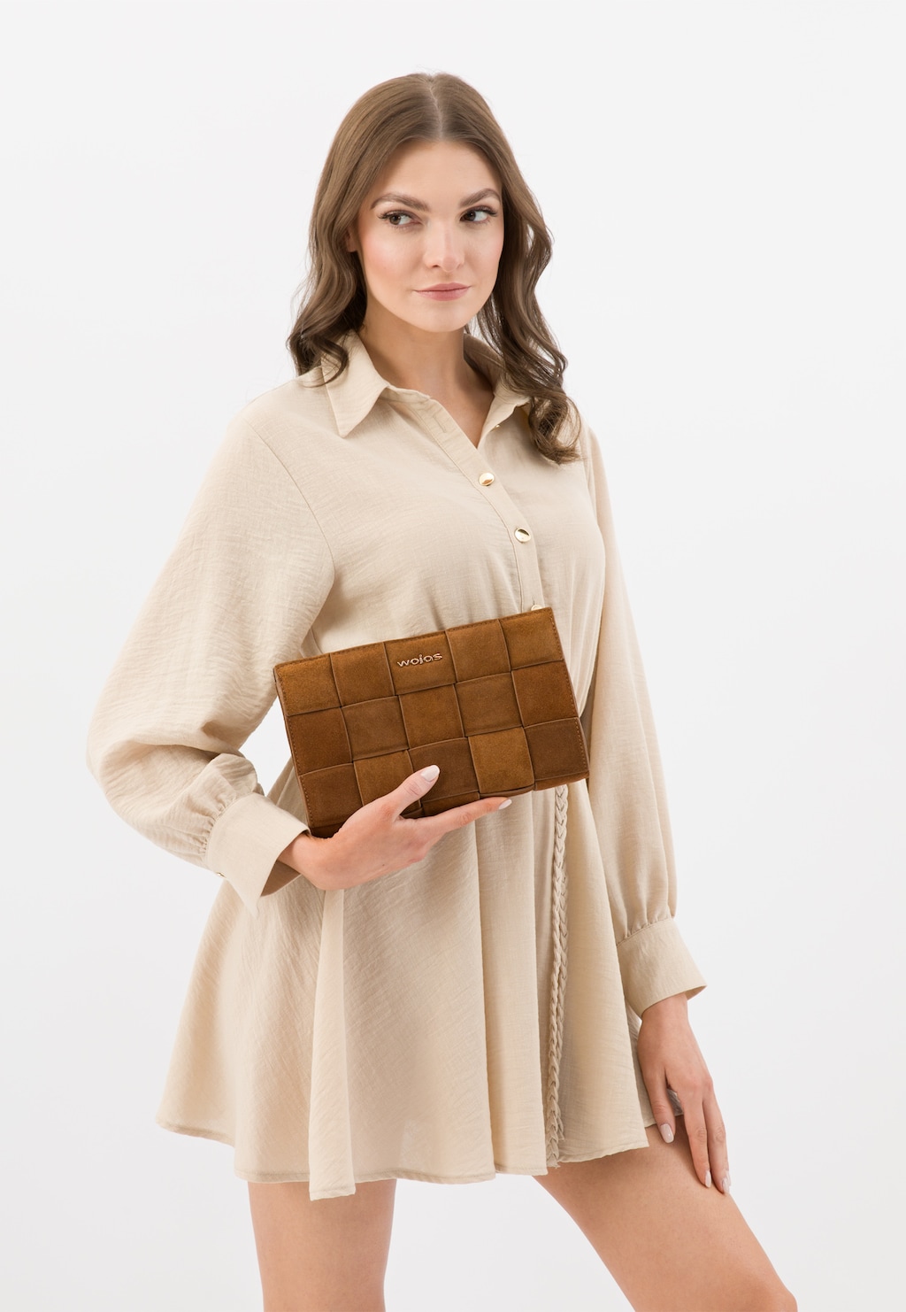 Mała jasnobrązowa torebka pleciona z dwoiny welurowej 80235-63 Widok 9