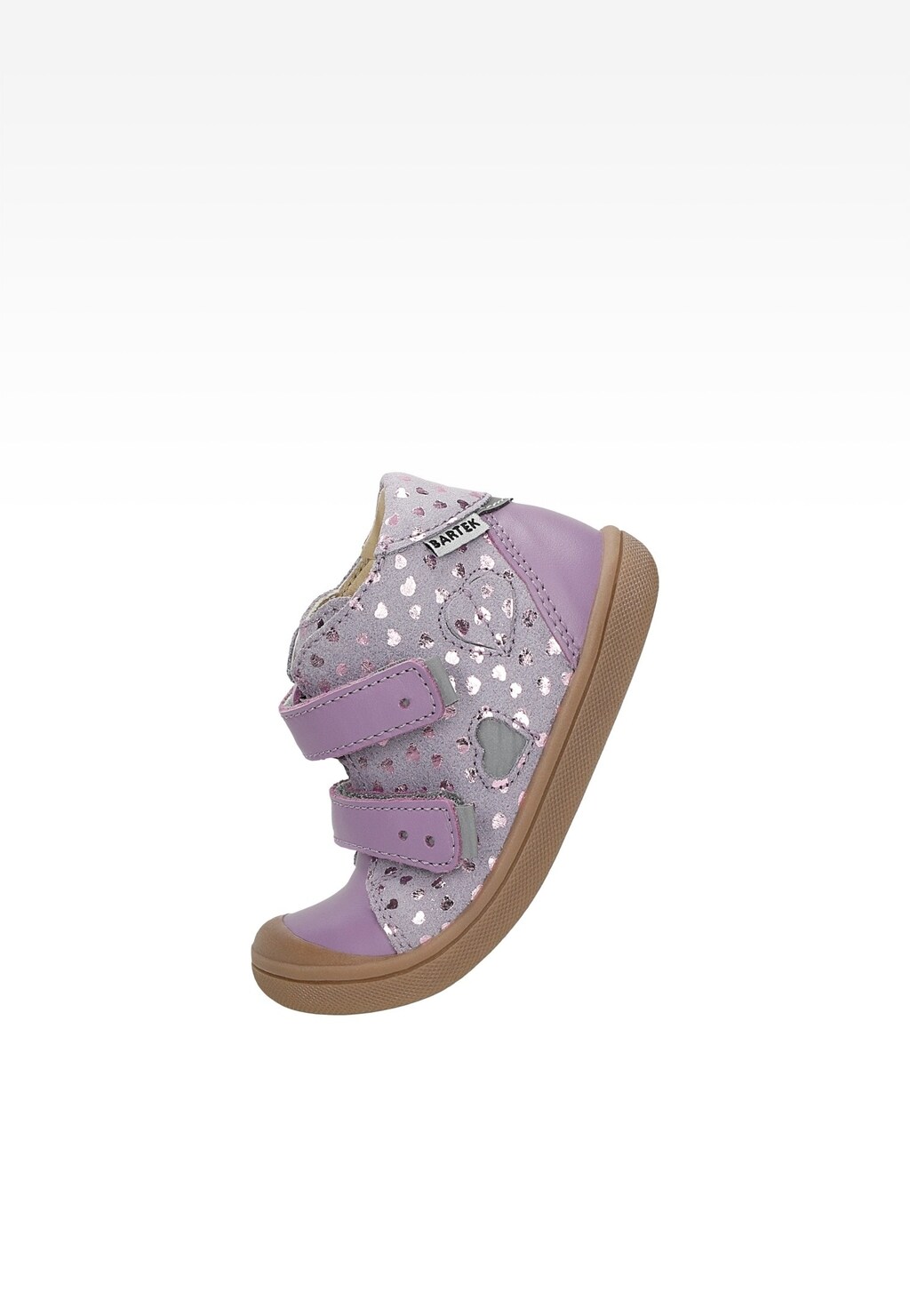Fioletowe trzewiki dziecięce BARTEK 11022138 dla dziewczynki z rzepami, ozdobione srebrnymi kropkami, z beżową podeszwą, widoczne z boku.