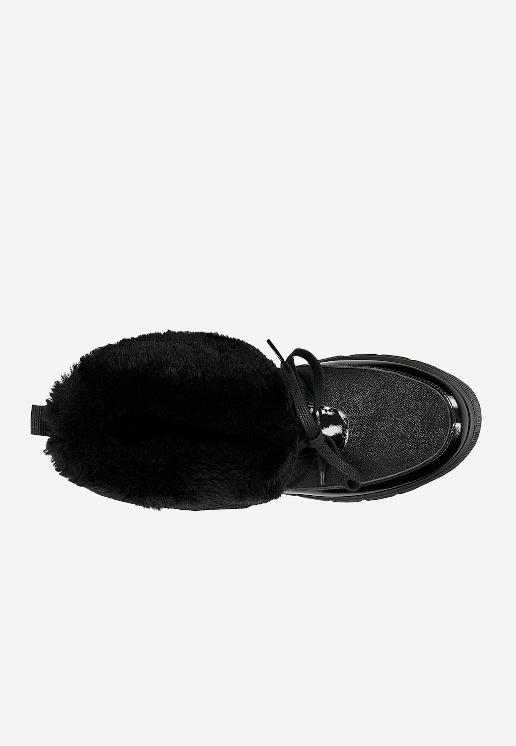 Czarne śniegowce RELAKS R55004-01 z obfitym futerkowym kołnierzem, lakierowanymi elementami i sznurowaniem, widok z góry pokazujący detale zimowego obuwia.